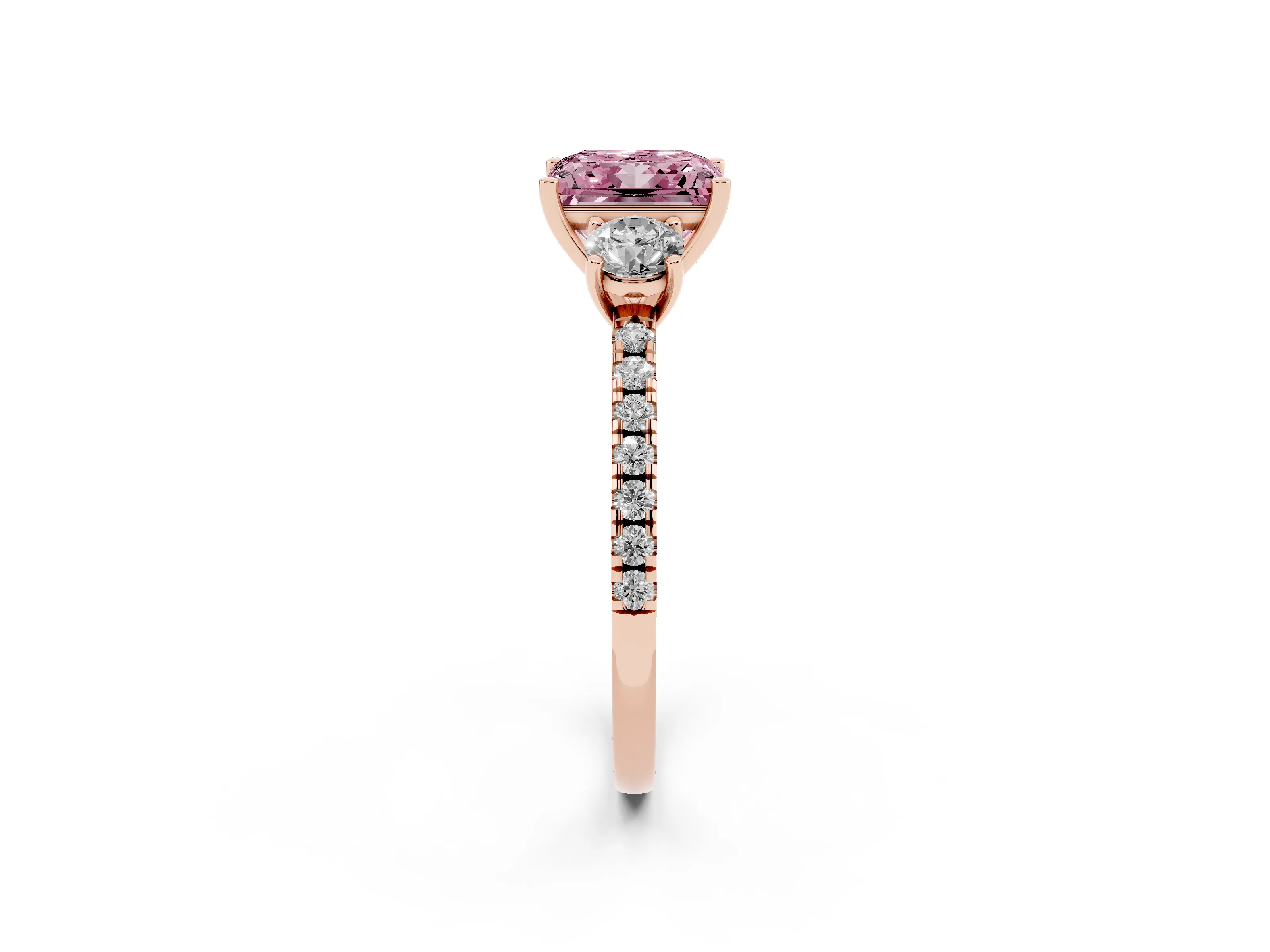 Fancy Pink Princess Cut Diamond Three-Stone Ring Set in Rose gold with Pavé Band and Graduated Sides