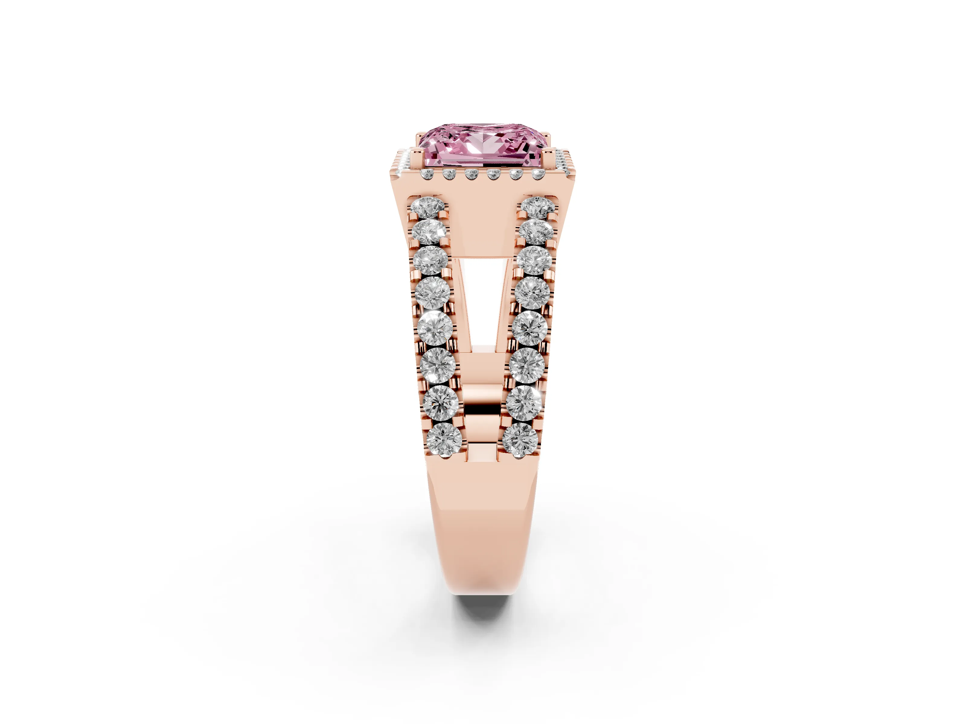 Fancy Pink Princess Cut Diamond Halo Ring Set in Rose gold with Pavé Split Shank and Prong Setting