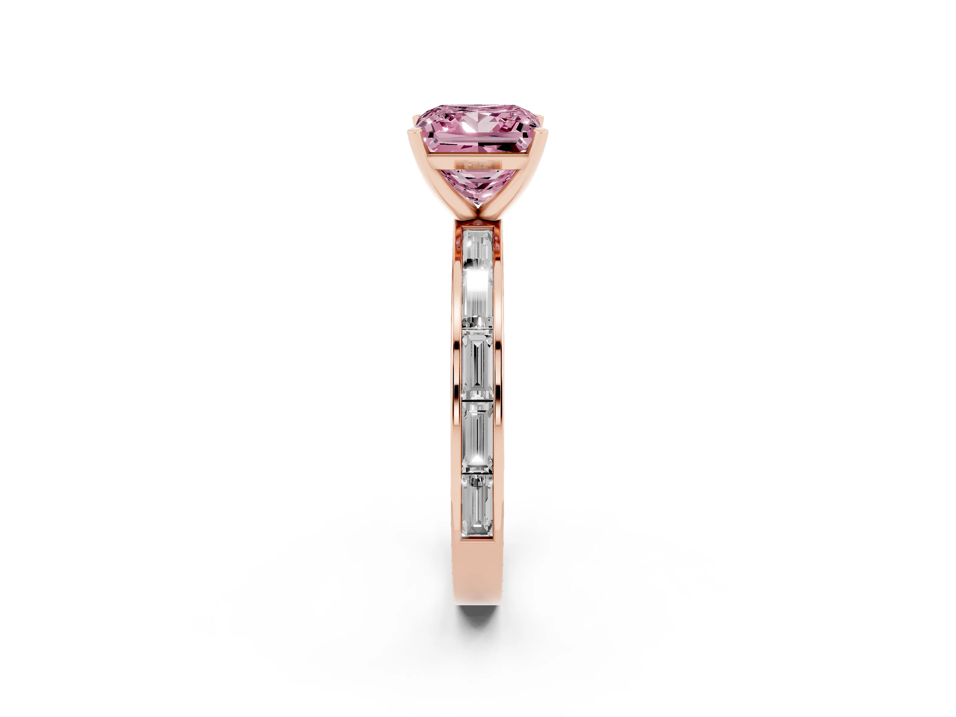 Fancy Pink Princess Cut Diamond Solitaire Ring Set in Rose gold with Channel-Set Baguette Band and Prong Setting