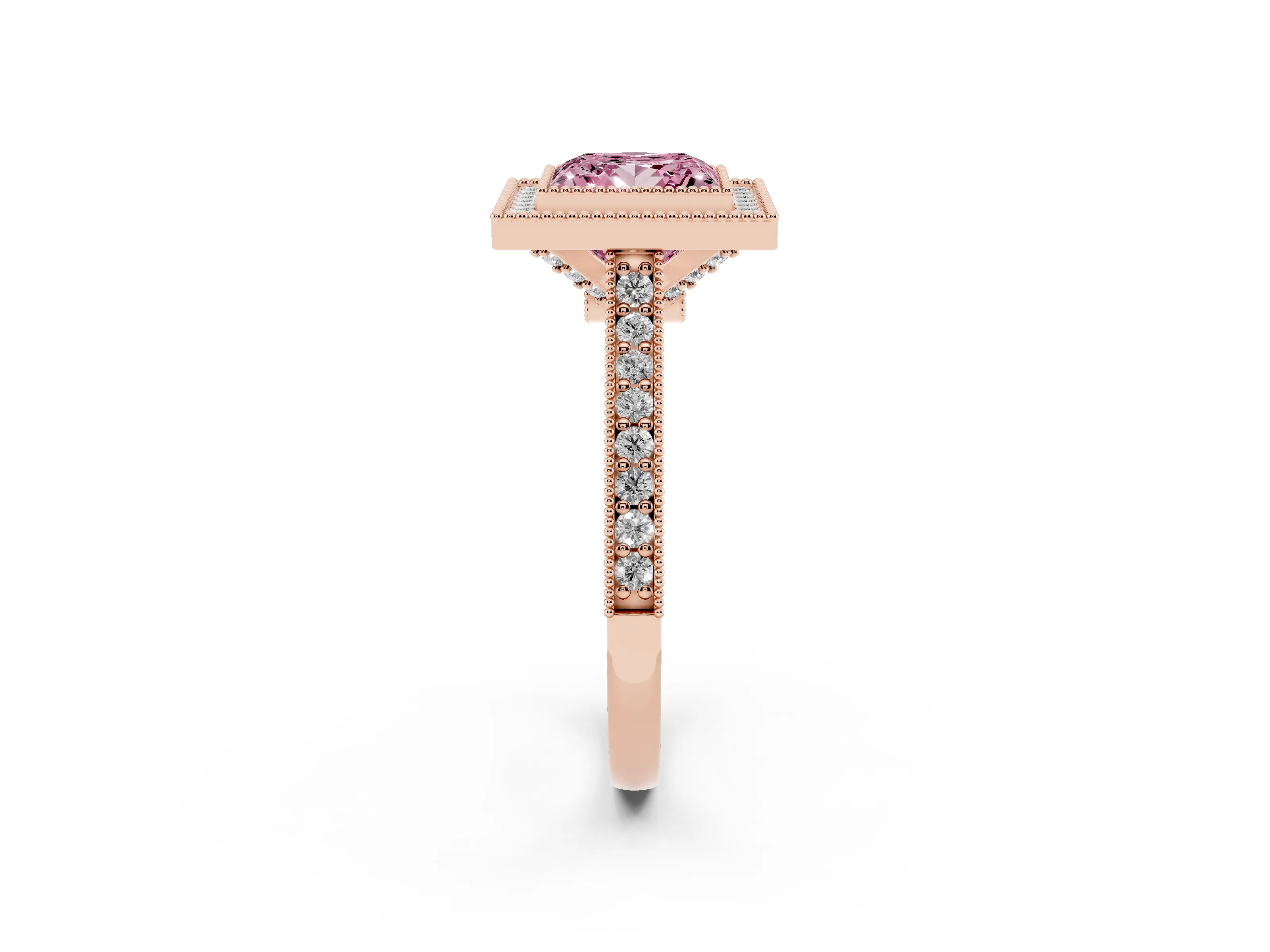 Fancy Pink Princess Cut Diamond Halo Milgrain Pavé Band Ring Set in Rose gold with Prong Setting