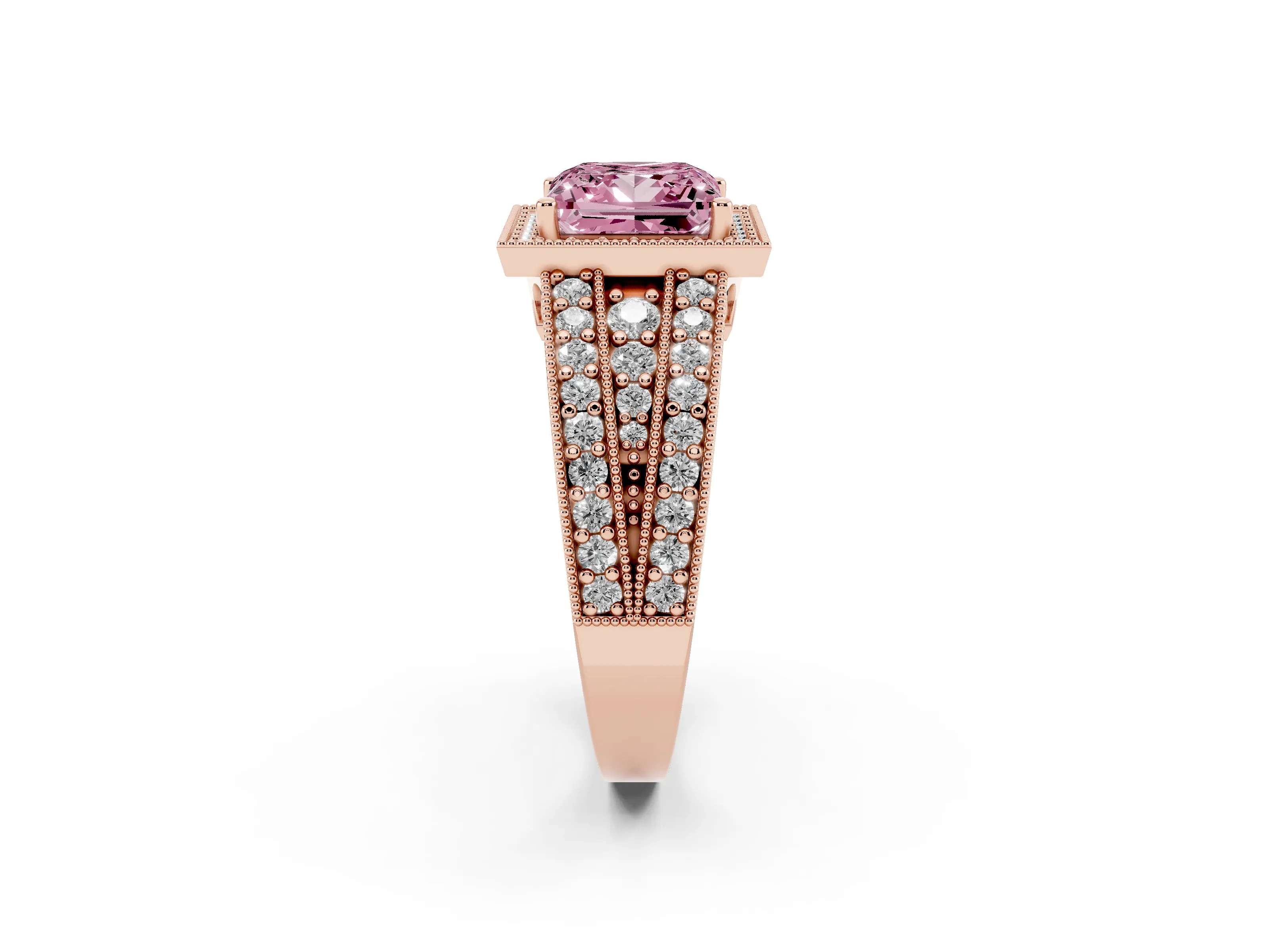Fancy Pink Princess Cut Diamond Halo Ring Set in Rose gold with Accent Split Shank and Prong Setting