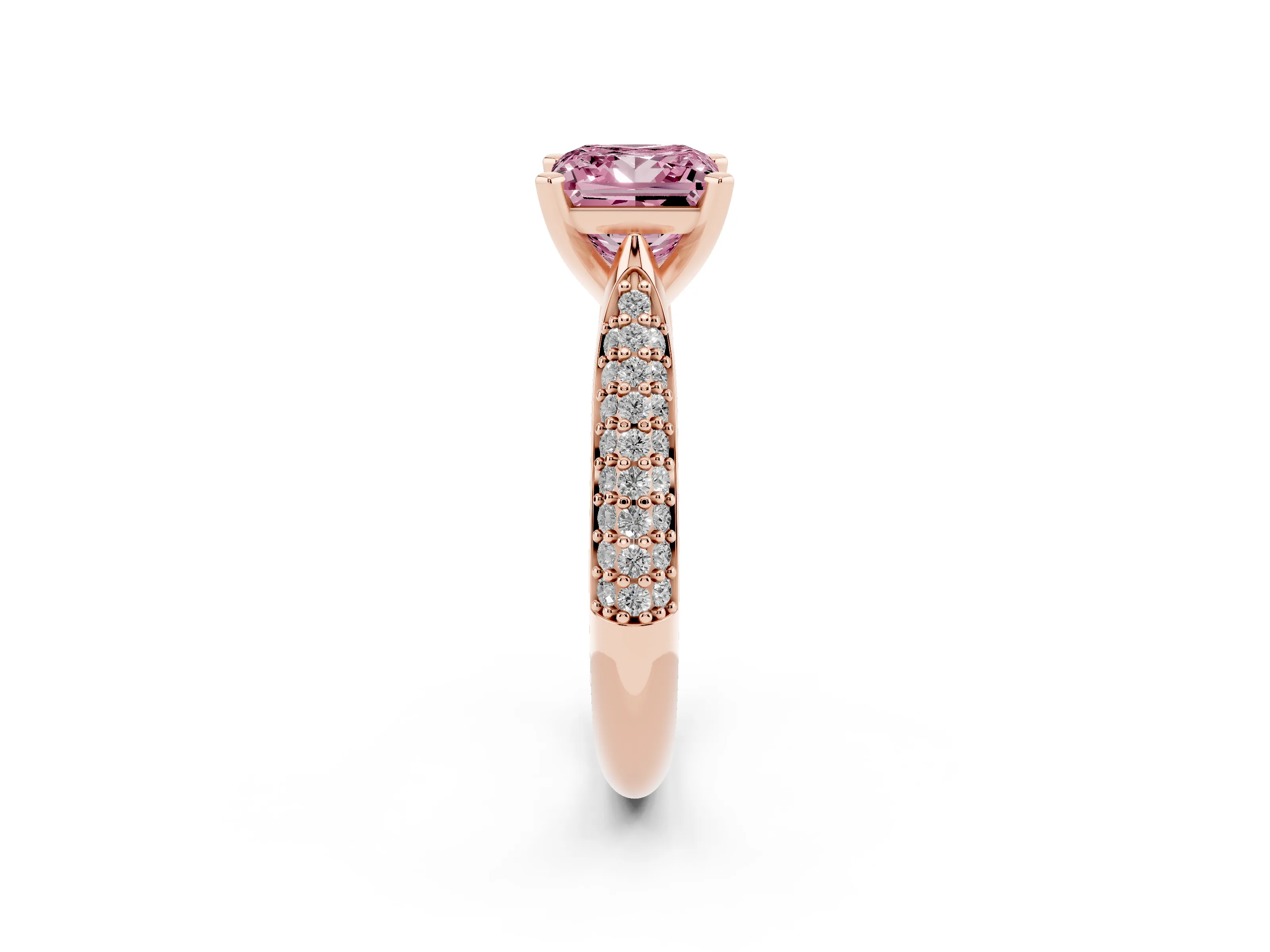 Fancy Pink Princess Cut Diamond Solitaire Engagement Ring Set in Rose gold with Multi-Row Round Pavé Band and Prong Setting
