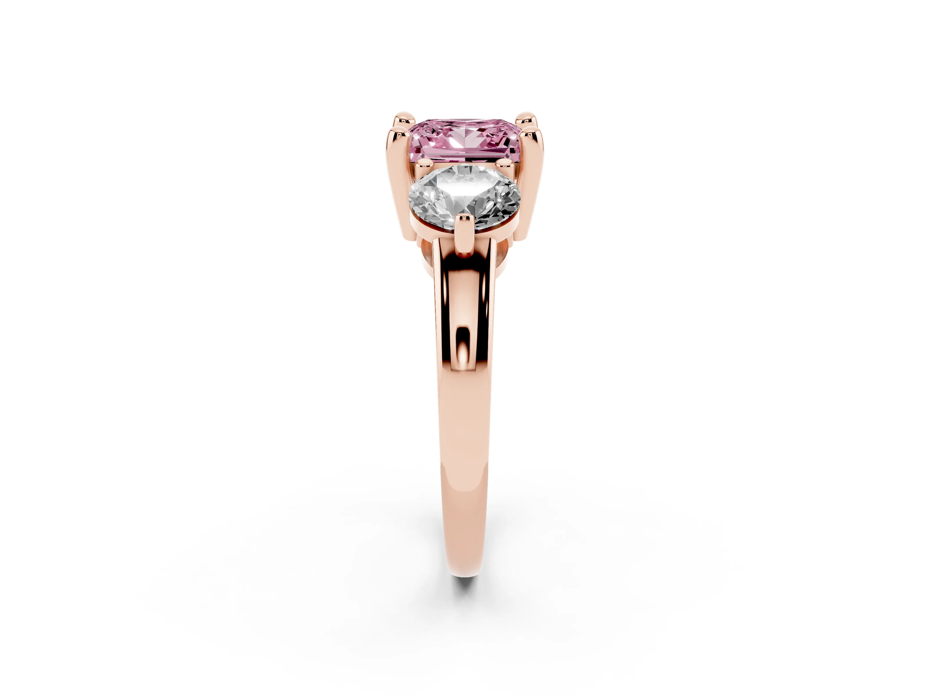 Fancy Pink Princess Cut Diamond Three-Stone Ring Set in Rose gold with Prong Setting and Classic Band