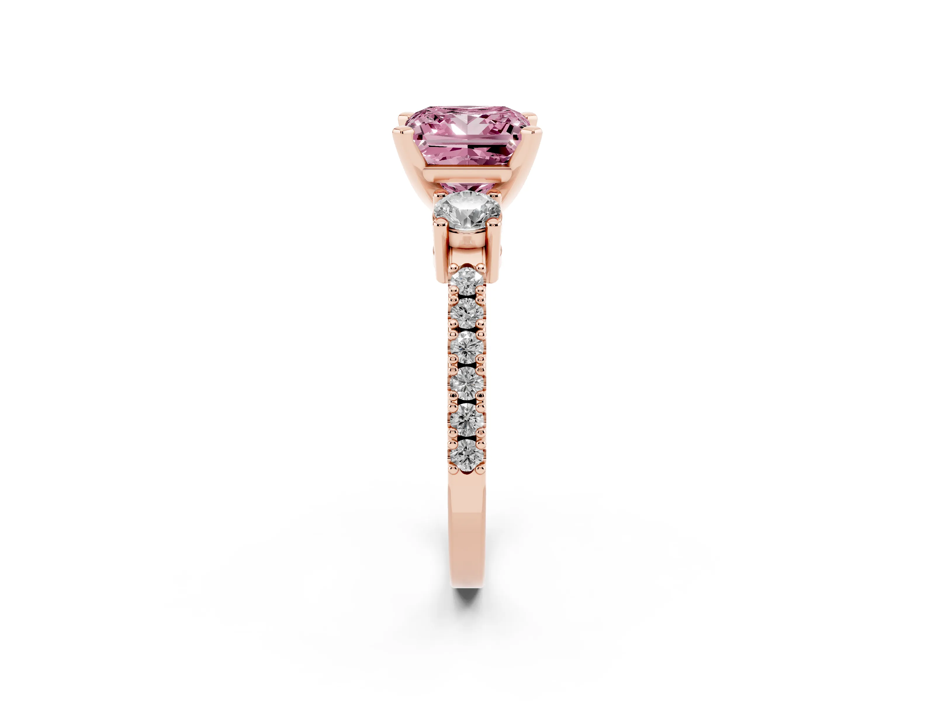 Fancy Pink Three-Stone Princess Cut Diamond Pavé Band Ring Set in Rose gold with Prong Setting