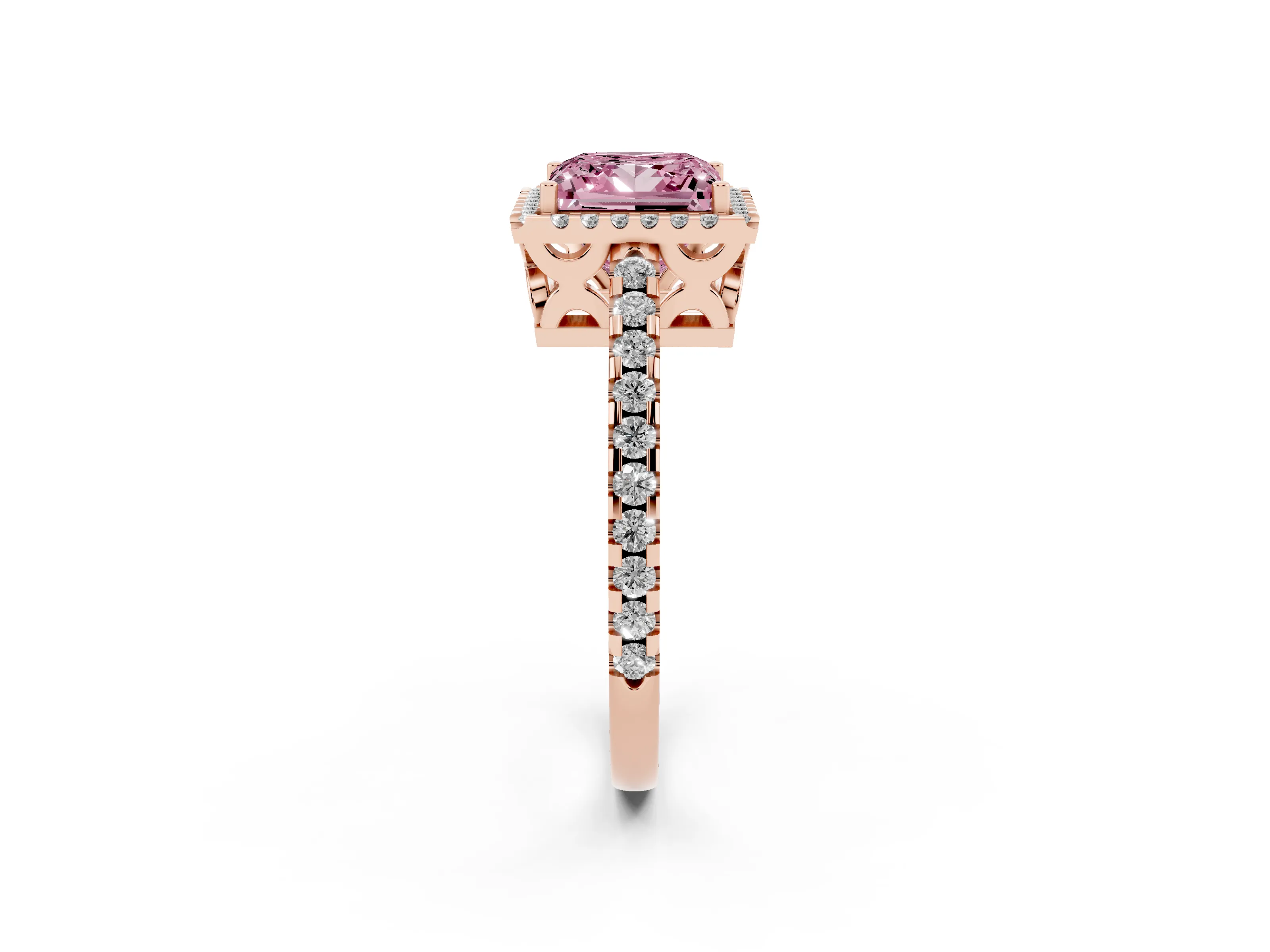 Fancy Pink Princess Cut Diamond Halo Ring Set in Rose gold with Pavé Shoulders and Halo-Framed Center