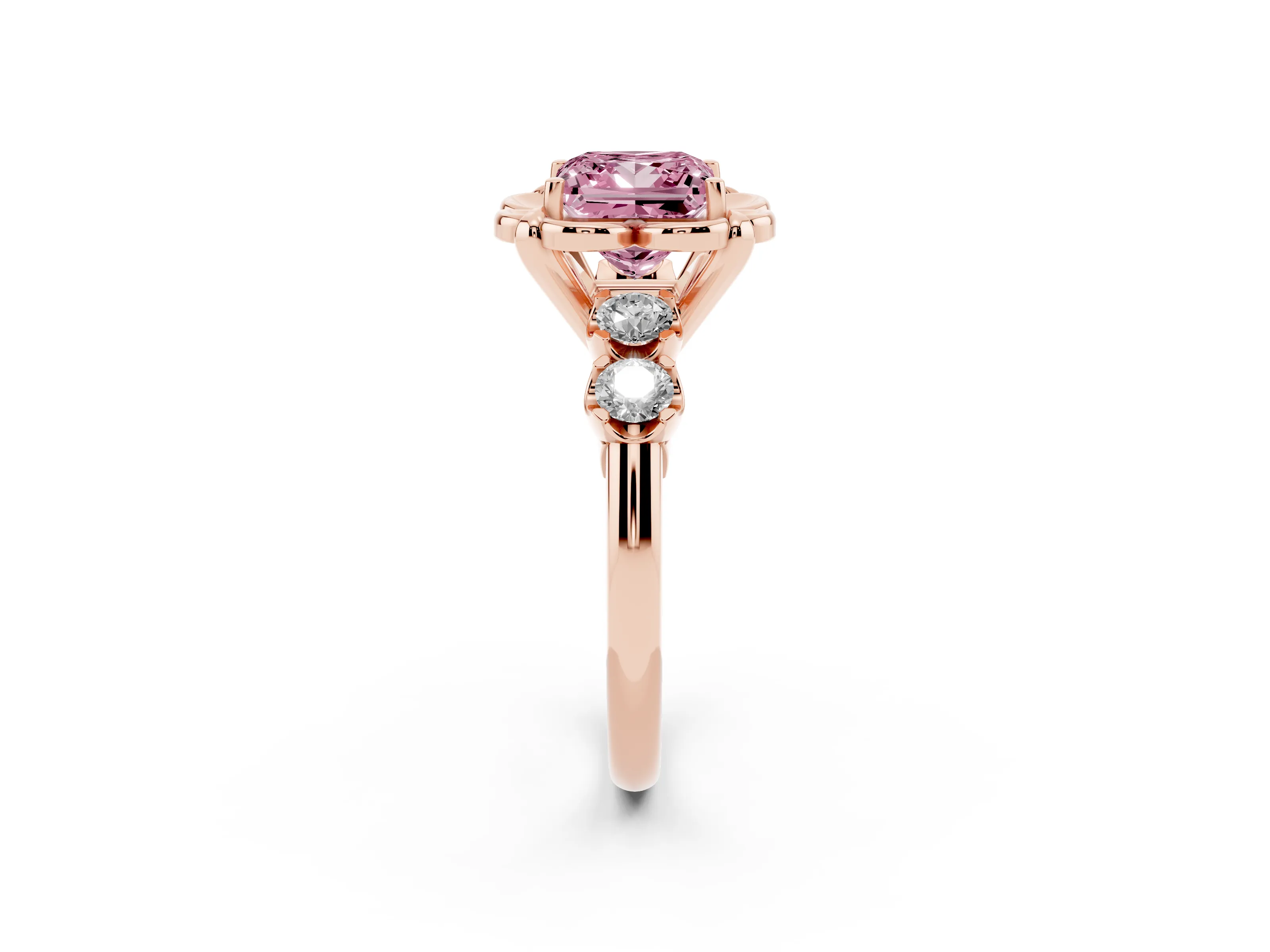 Fancy Pink Princess Cut Diamond Floral Halo Ring Set in Rose gold with Shared Prong Band