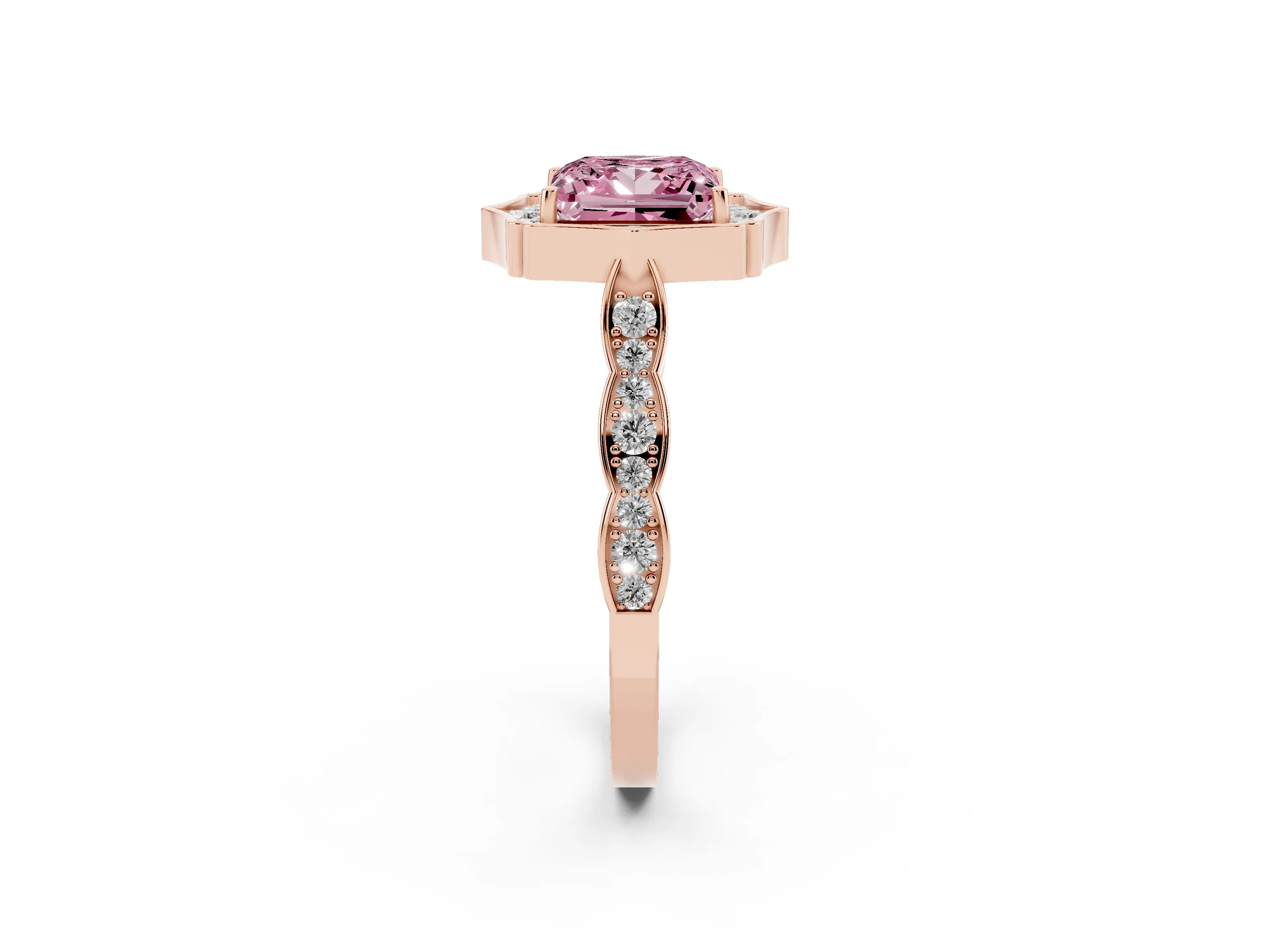 Fancy Pink Princess Cut Diamond Halo Engagement Ring Set in Rose gold with Milgrain Band and Prong Setting