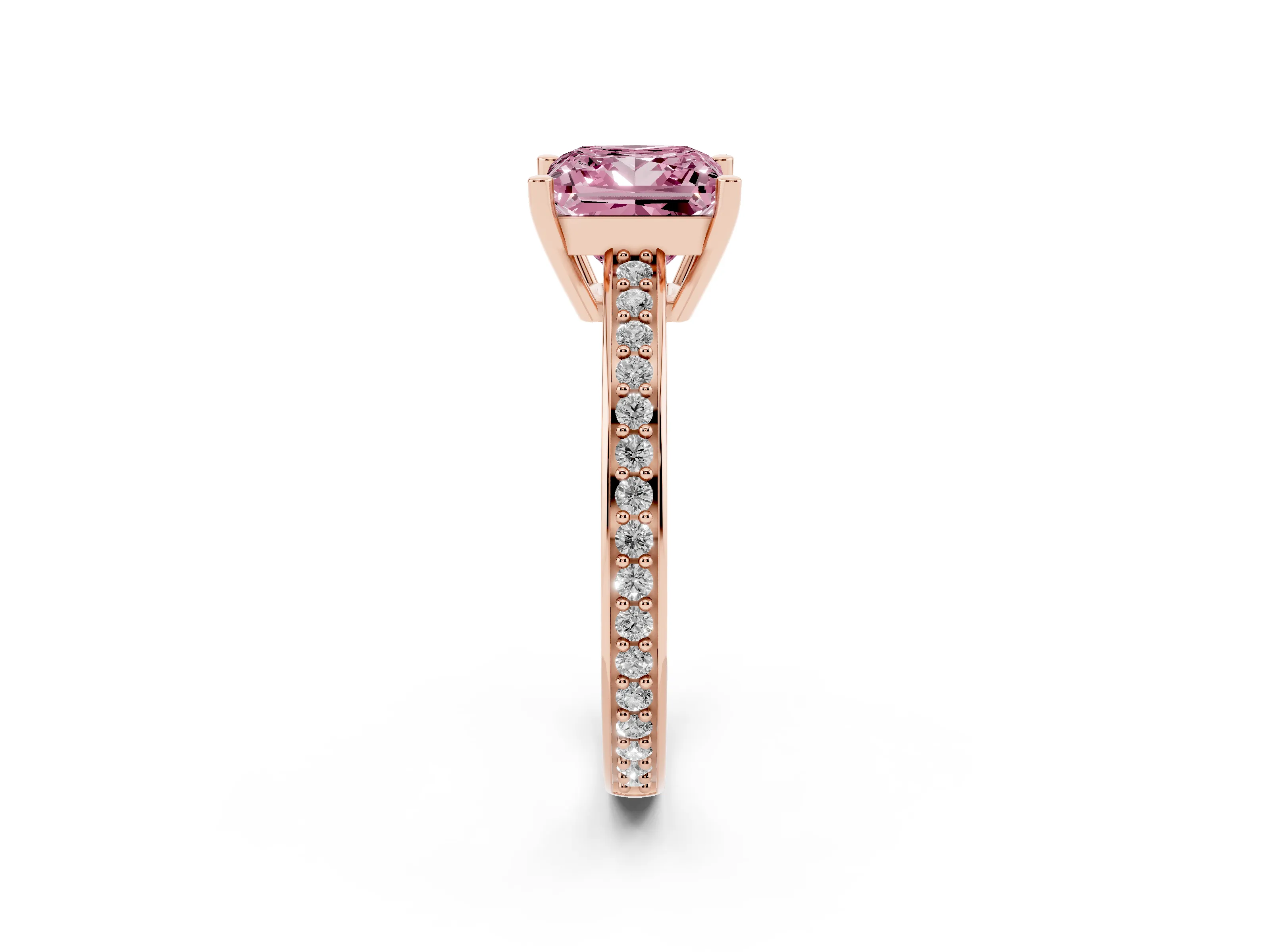 Fancy Pink Princess Cut Diamond Pavé Band Prong Set Solitaire Ring Set in Rose gold