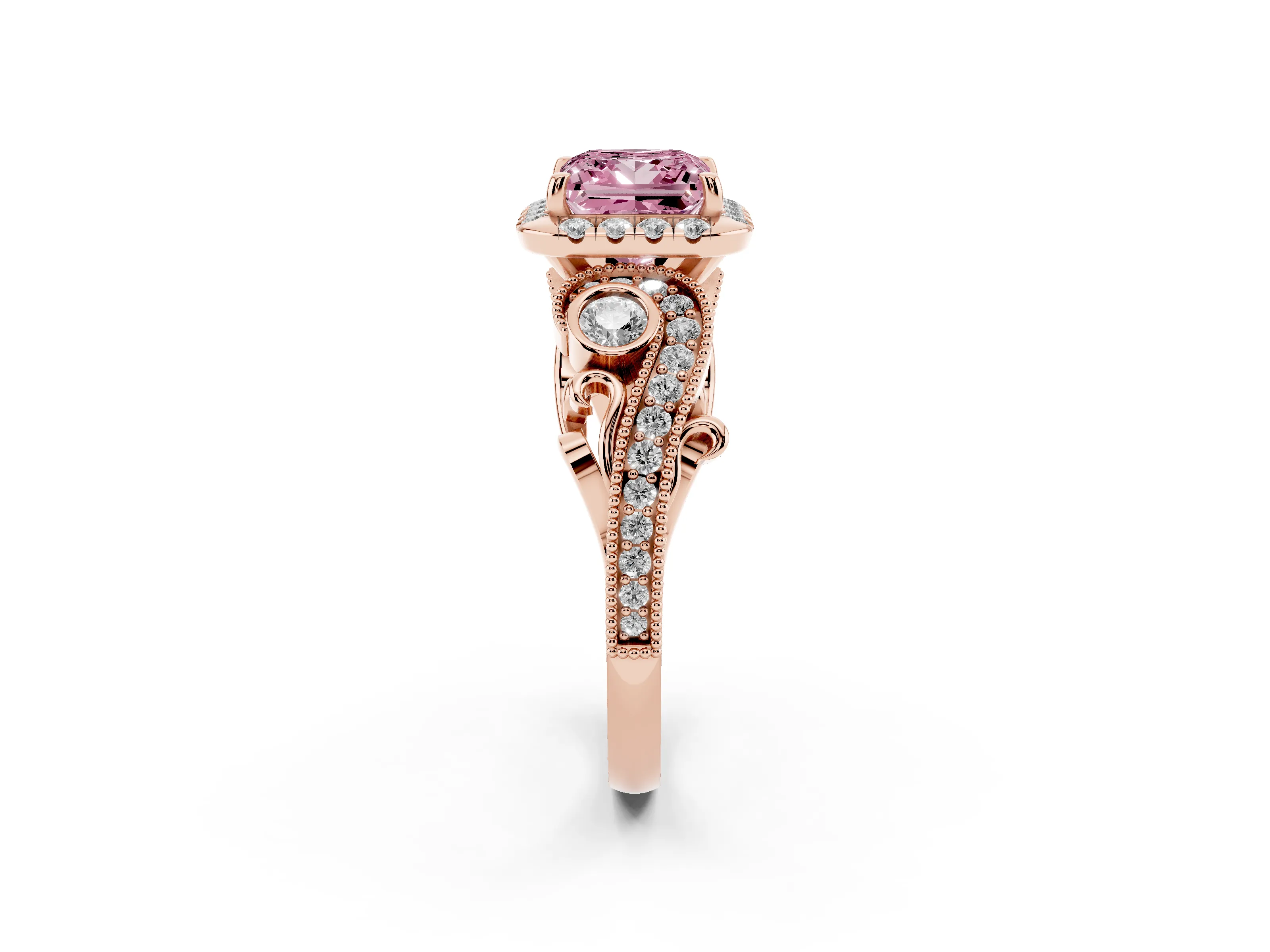 Fancy Pink Princess Cut Diamond Halo Split Shank Ring Set in Rose gold with Milgrain and Bezel Accents