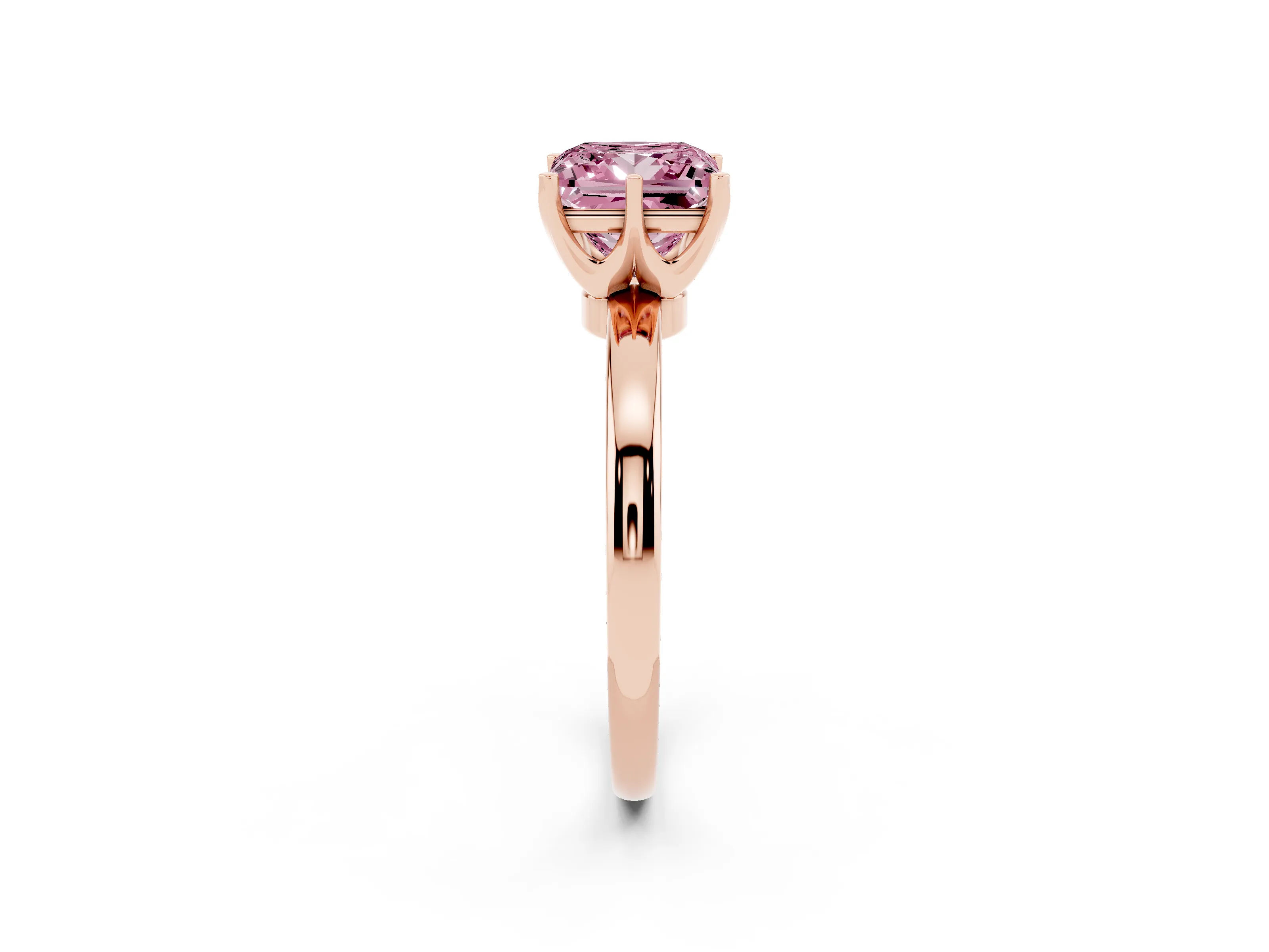 Fancy Pink Princess Cut Diamond Solitaire Ring Set in Rose gold with Raised Prong Setting on a Classic Band
