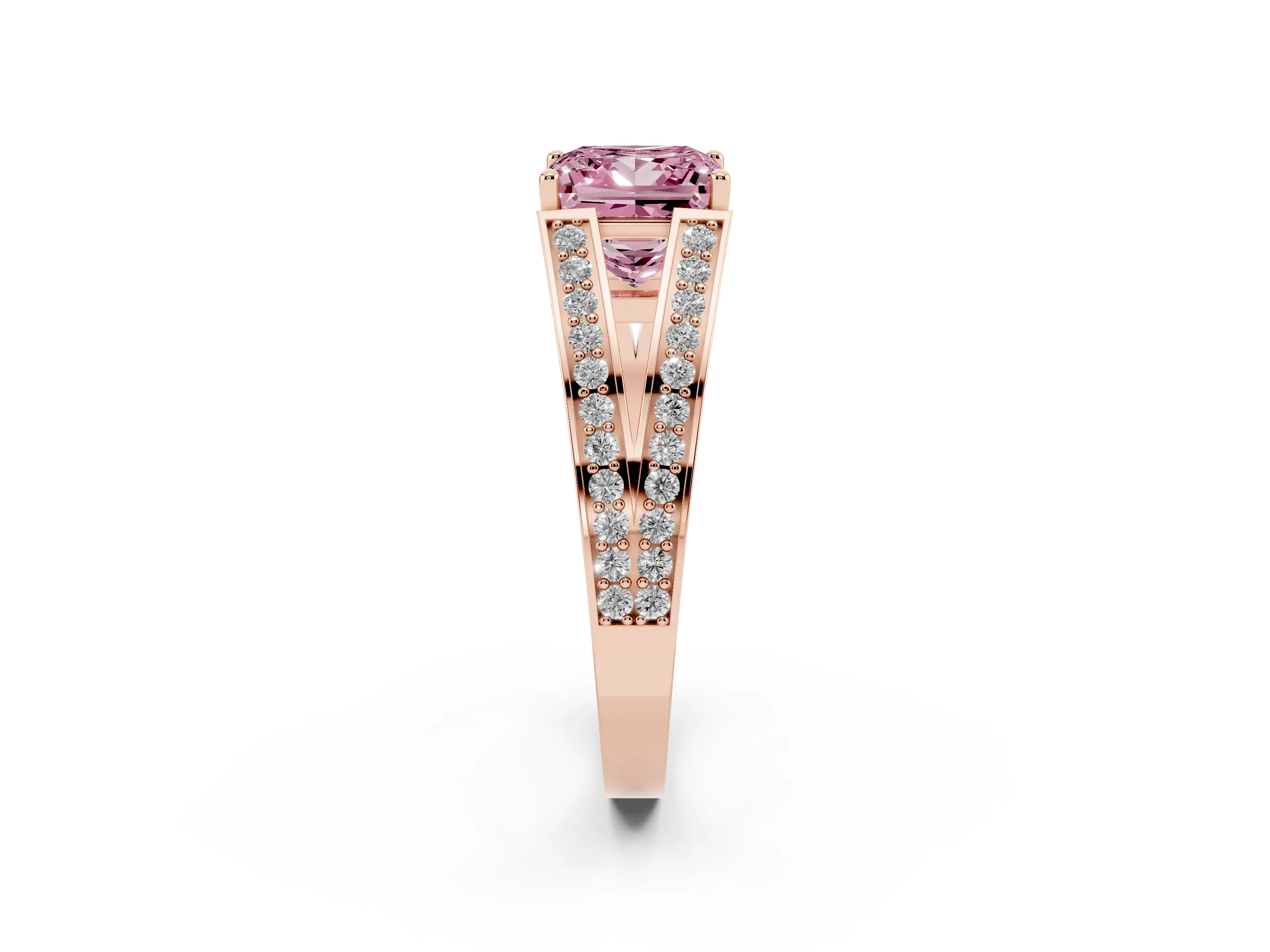 Fancy Pink Princess Cut Diamond Split Shank Ring Set in Rose gold with Pavé Band and Prong Setting