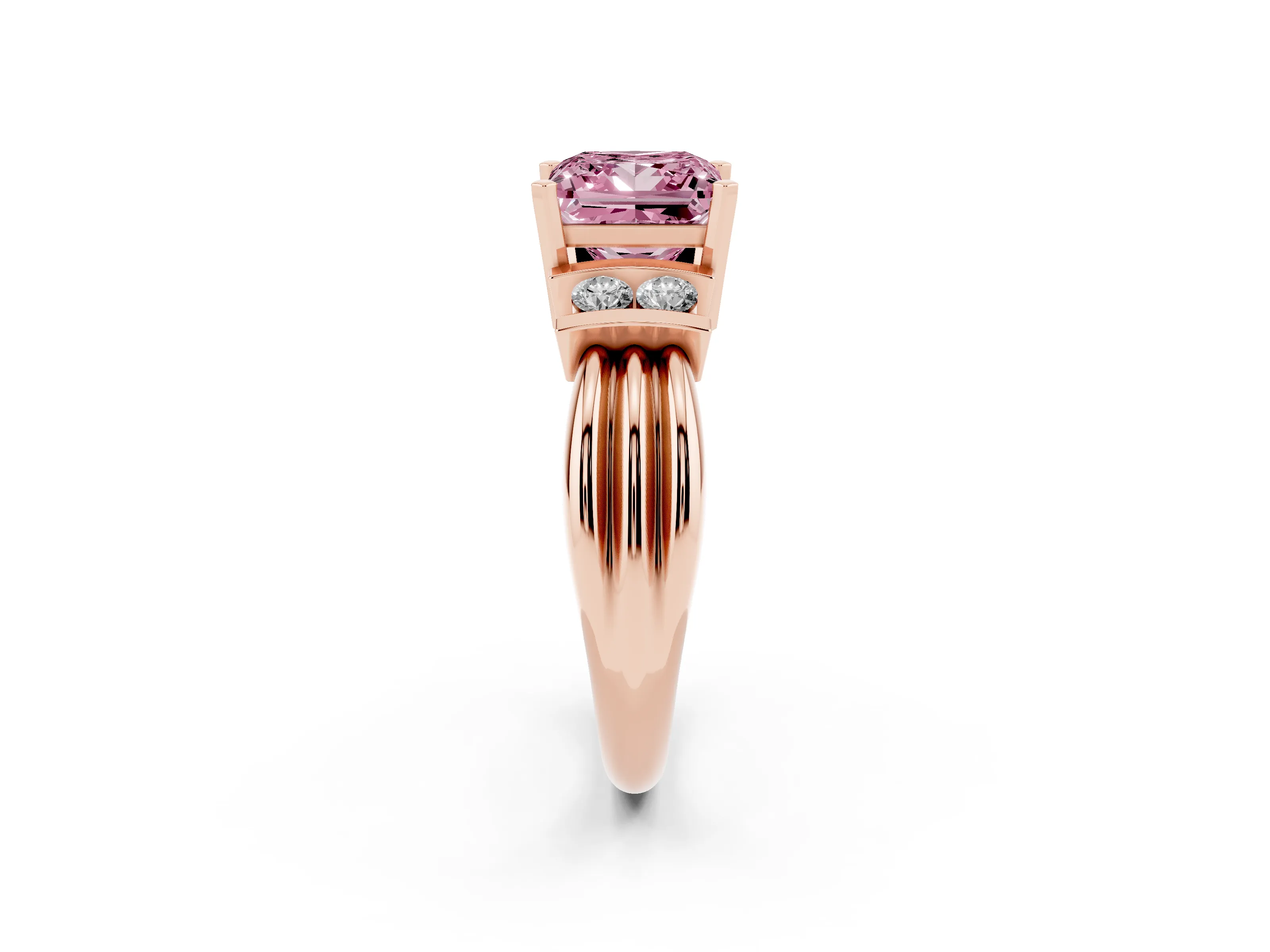 Fancy Pink Three-Stone Princess Cut Diamond Channel Set Ring Set in Rose gold with Bar Prongs