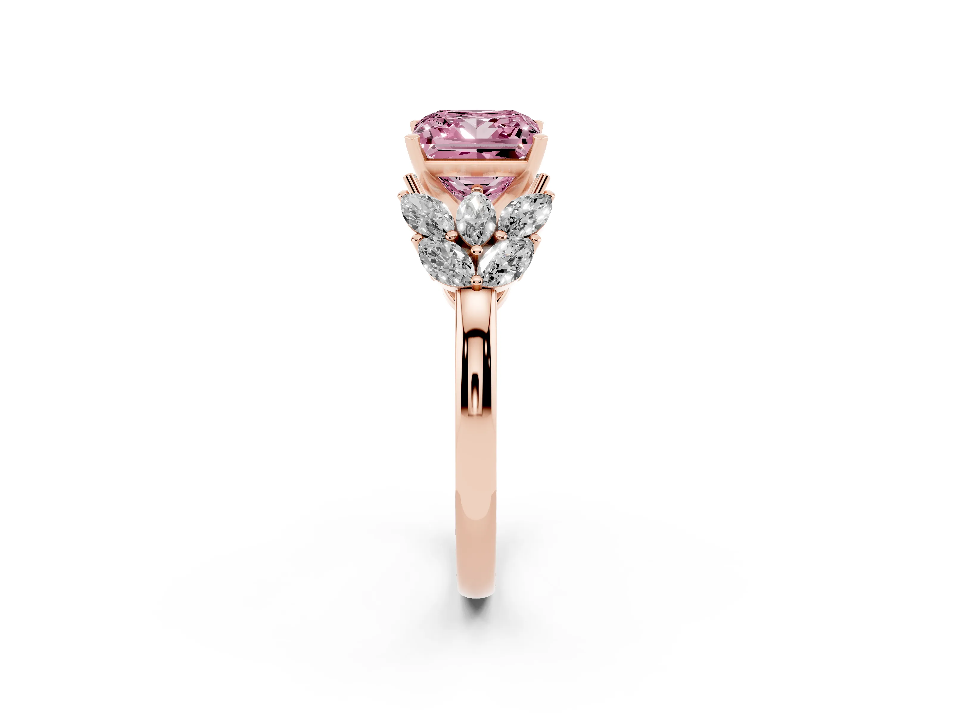 Fancy Pink Princess Cut Diamond Cluster Leaf Design Ring Set in Rose gold with Prong Setting