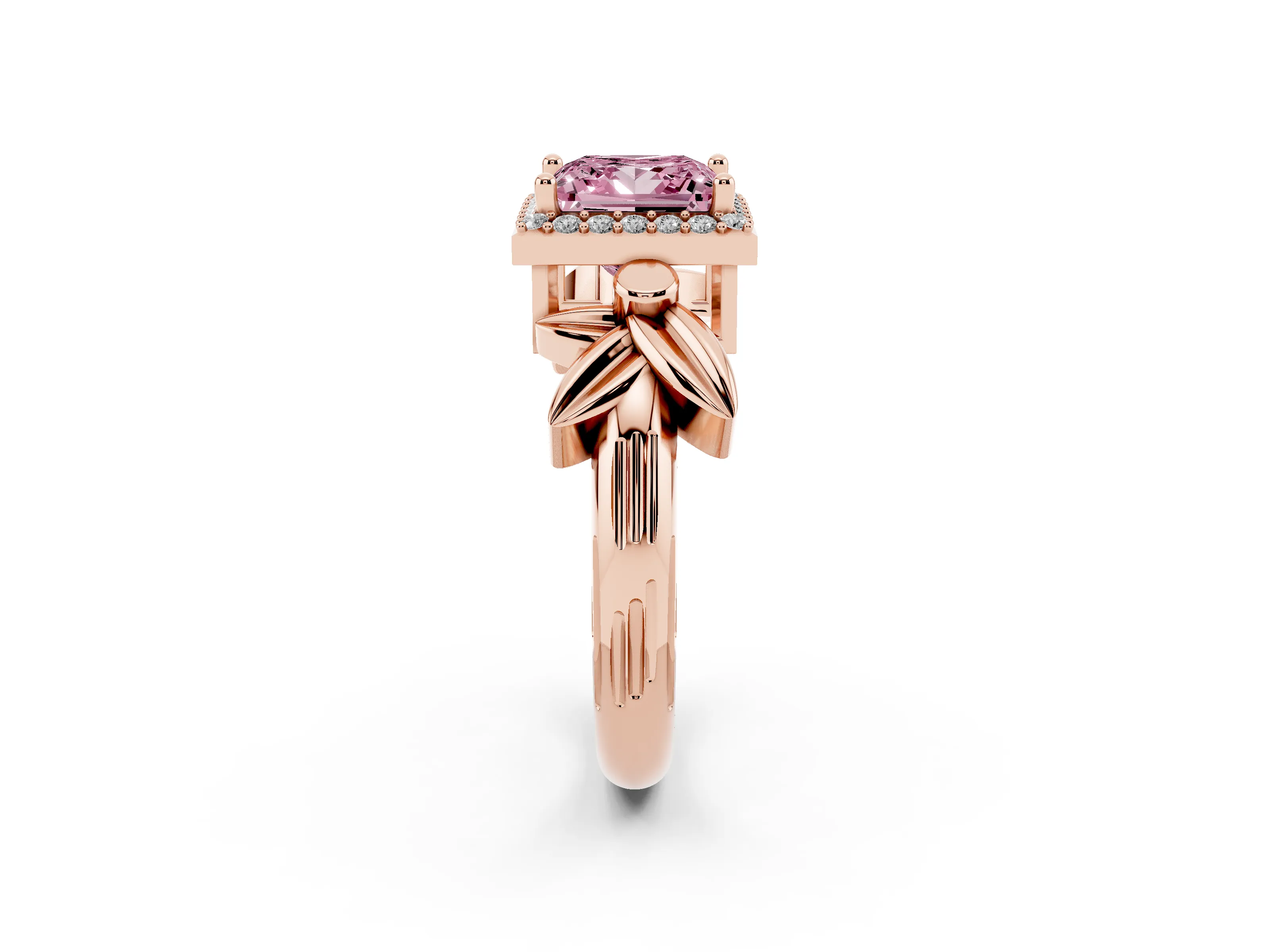 Fancy Pink Princess Cut Diamond Halo Floral Band Ring Set in Rose gold with Prong Setting