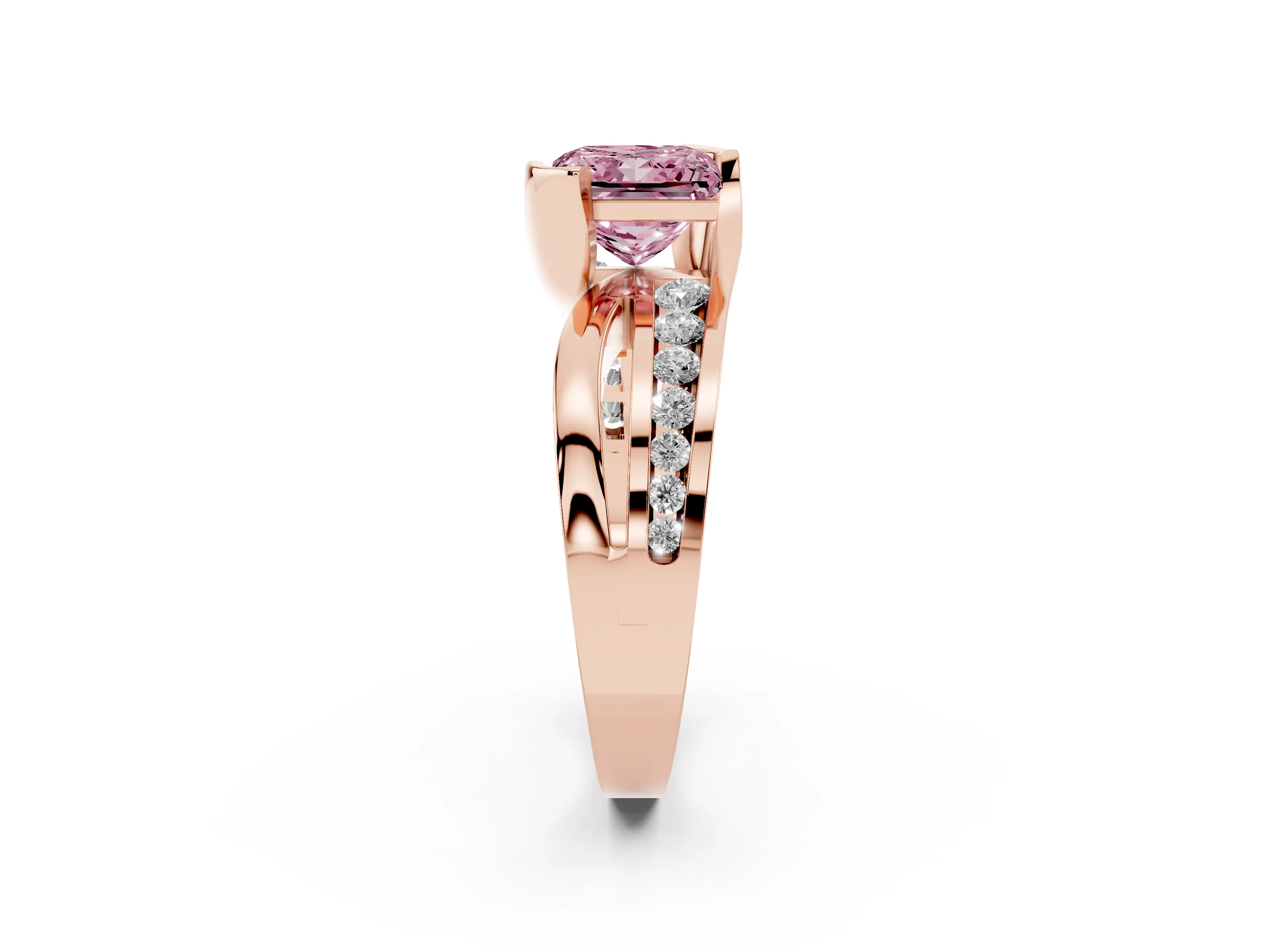 Fancy Pink Princess Cut Diamond Solitaire Ring Set in Rose gold with Channel Set Split Shank and Tension Prongs