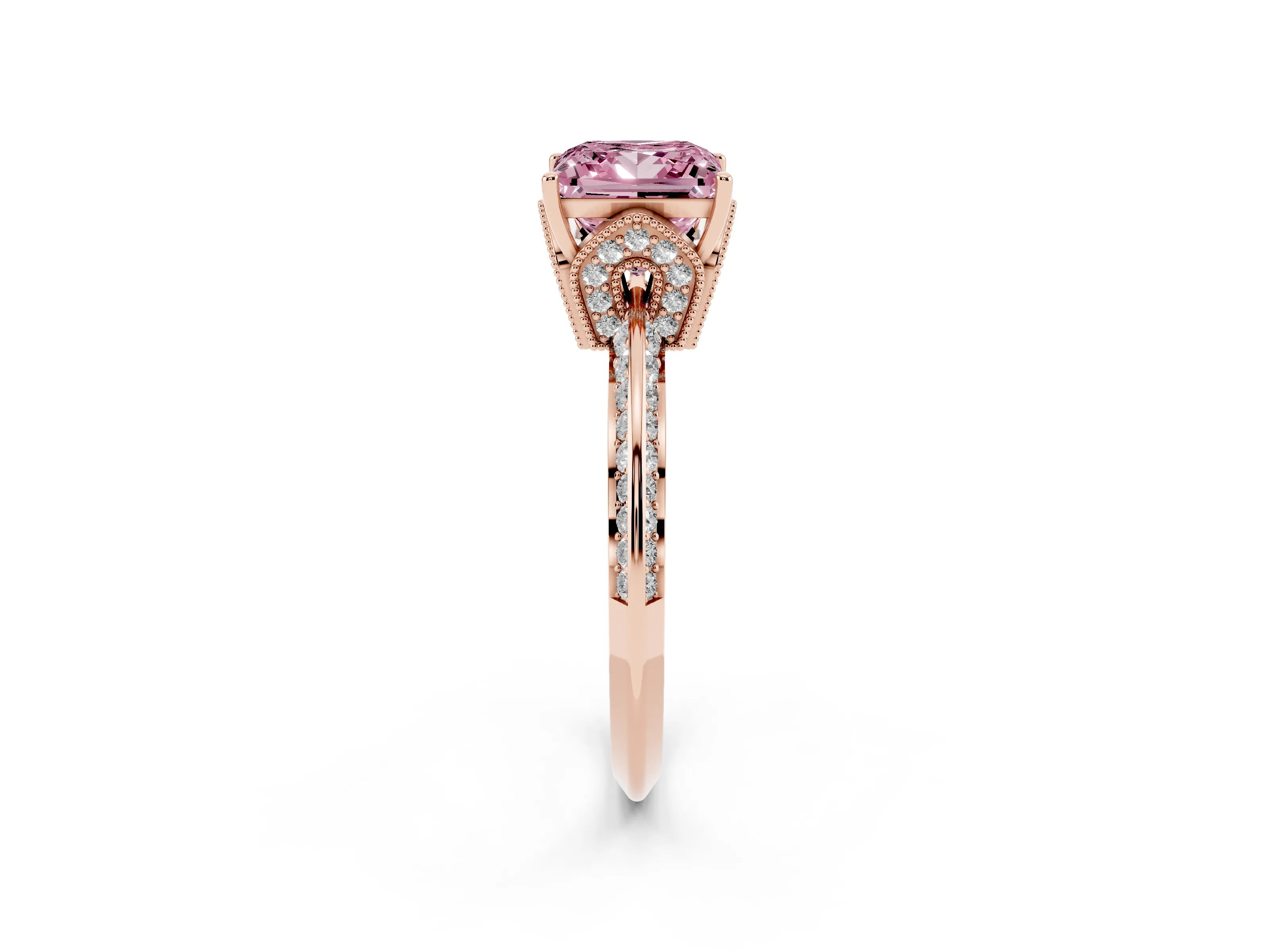 Fancy Pink Princess Cut Diamond Solitaire Engagement Ring Set in Rose gold with Pavé Split Shank and Prong Setting
