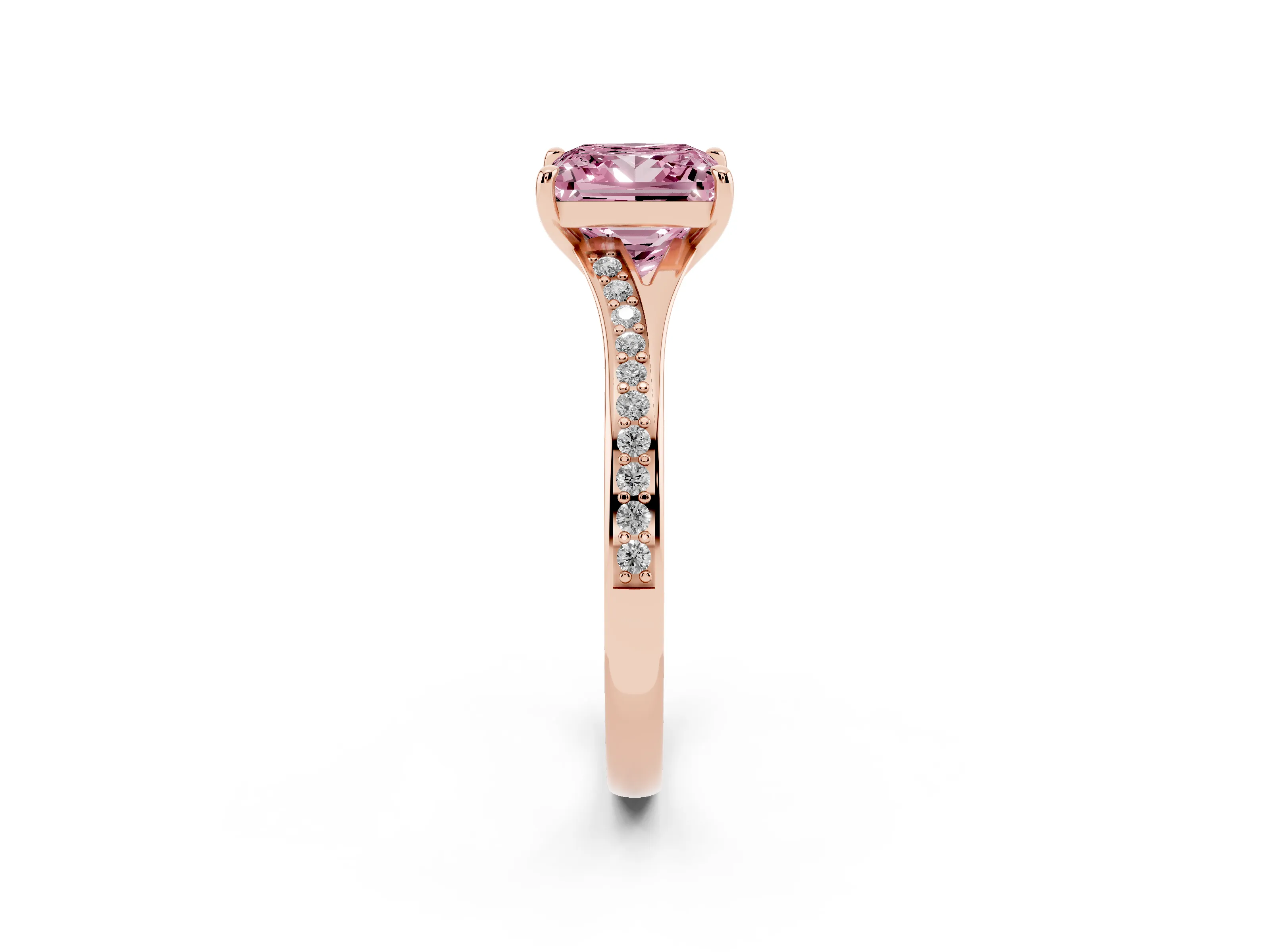 Fancy Pink Princess Cut Diamond Solitaire Ring Set in Rose gold with Pavé Accent Band and Classic Prong Setting