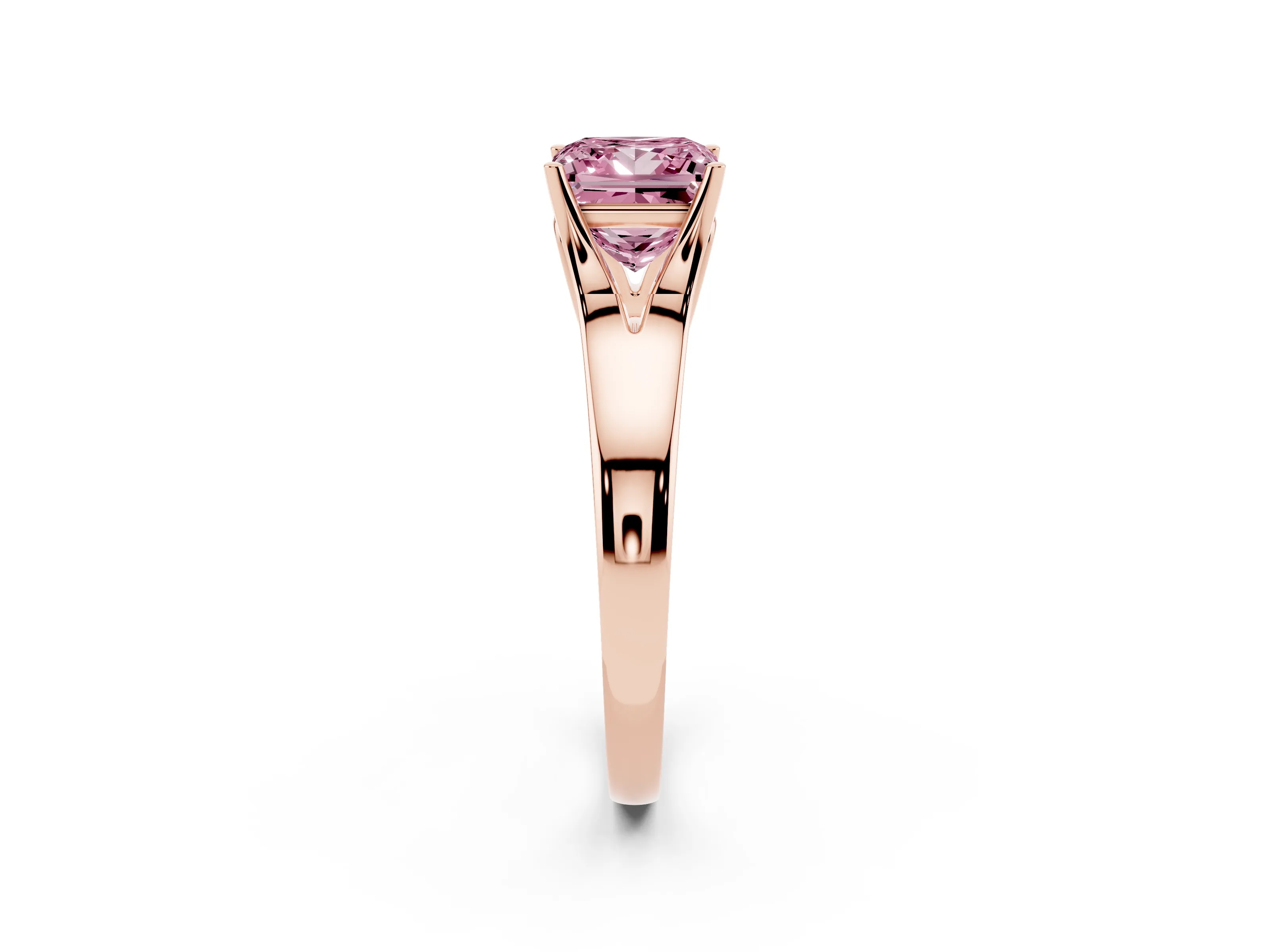 Fancy Pink Princess Cut Diamond Solitaire Ring Set in Rose gold with Arched Cathedral Band and Prong Setting