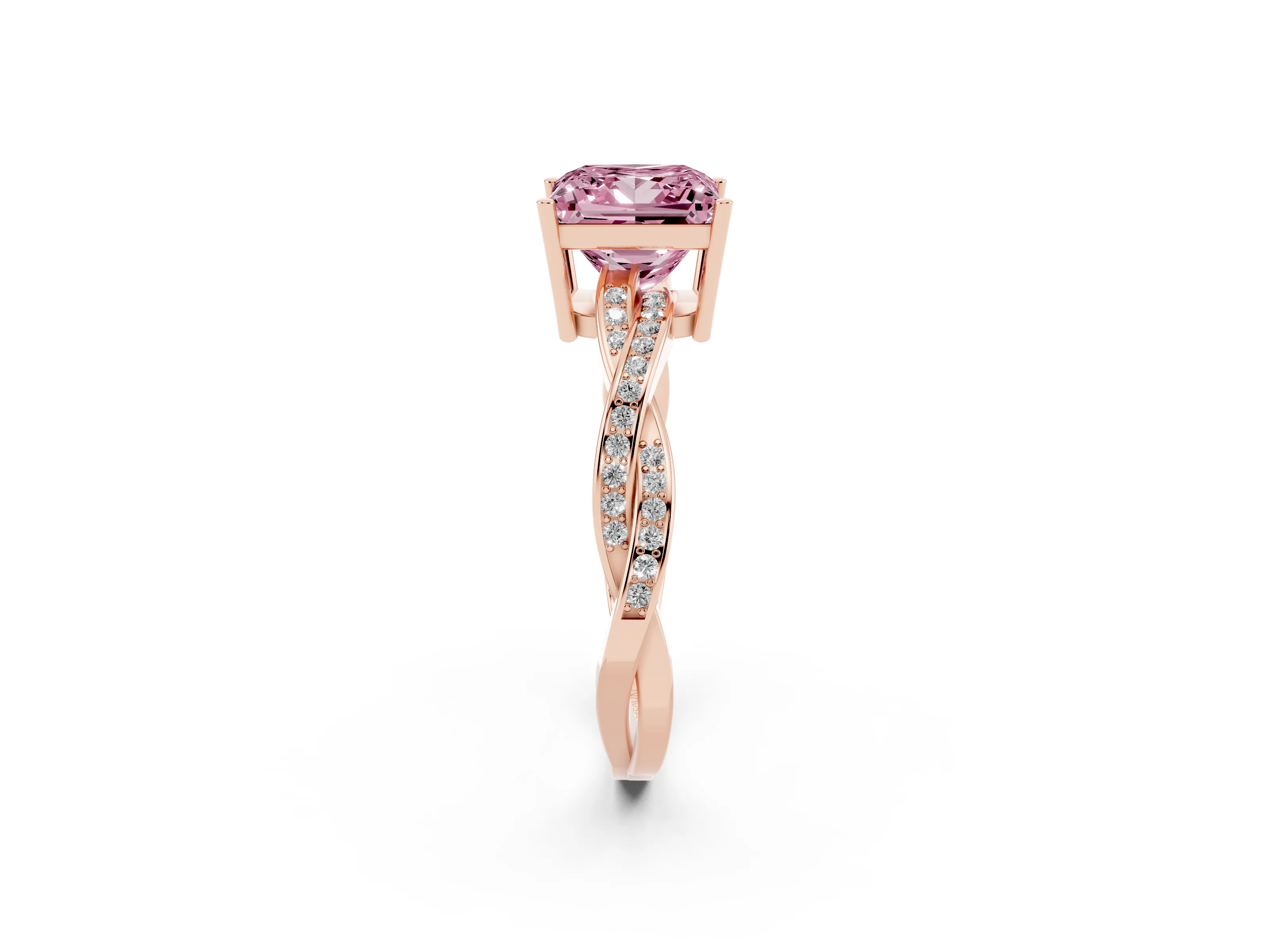 Fancy Pink Princess Cut Diamond Solitaire Twisted Pavé Ring Set in Rose gold with Prong Setting
