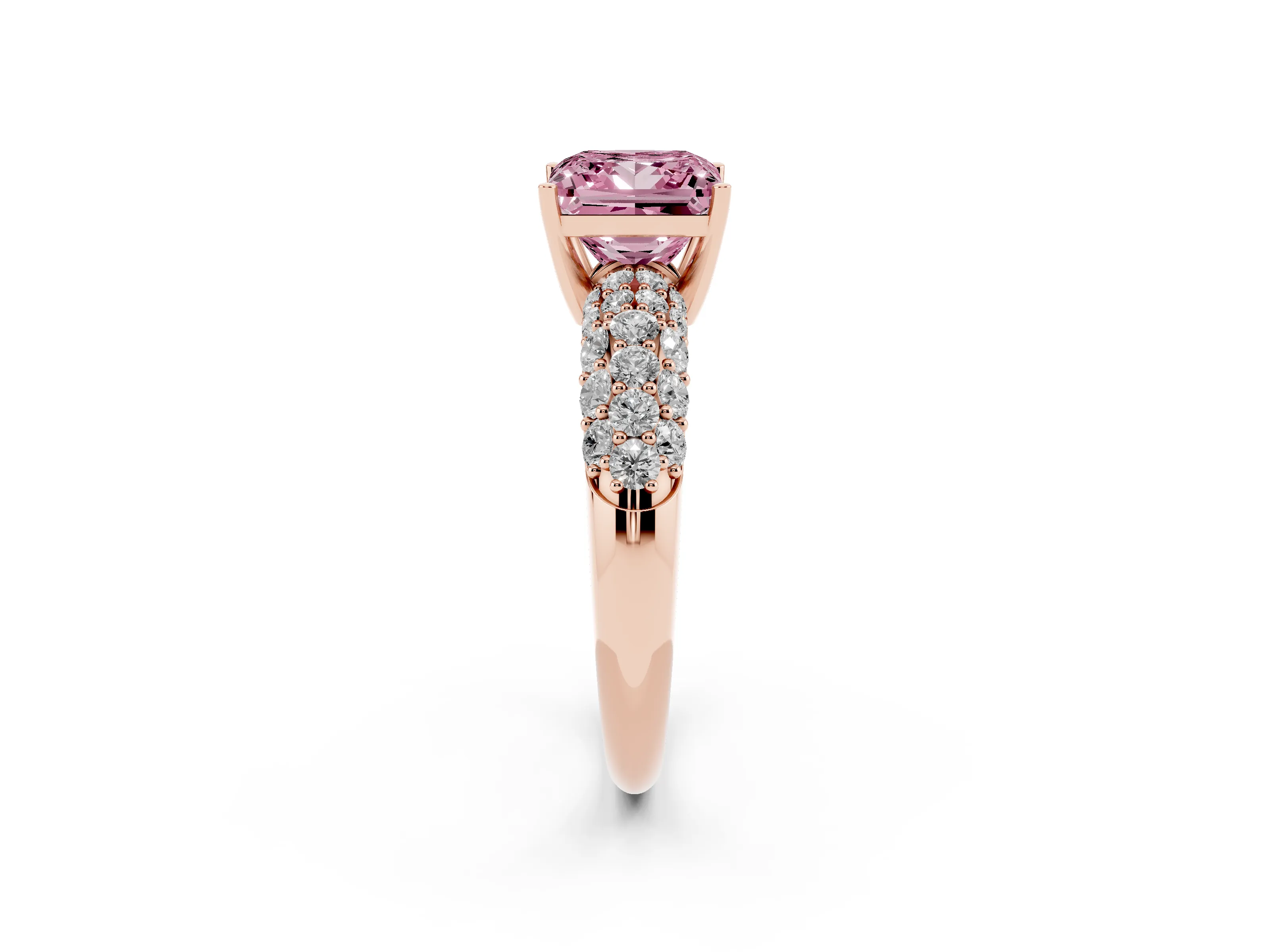 Fancy Pink Princess Cut Diamond Pavé Band Solitaire Ring Set in Rose gold with Close-Set Accent Stones and Prong Setting