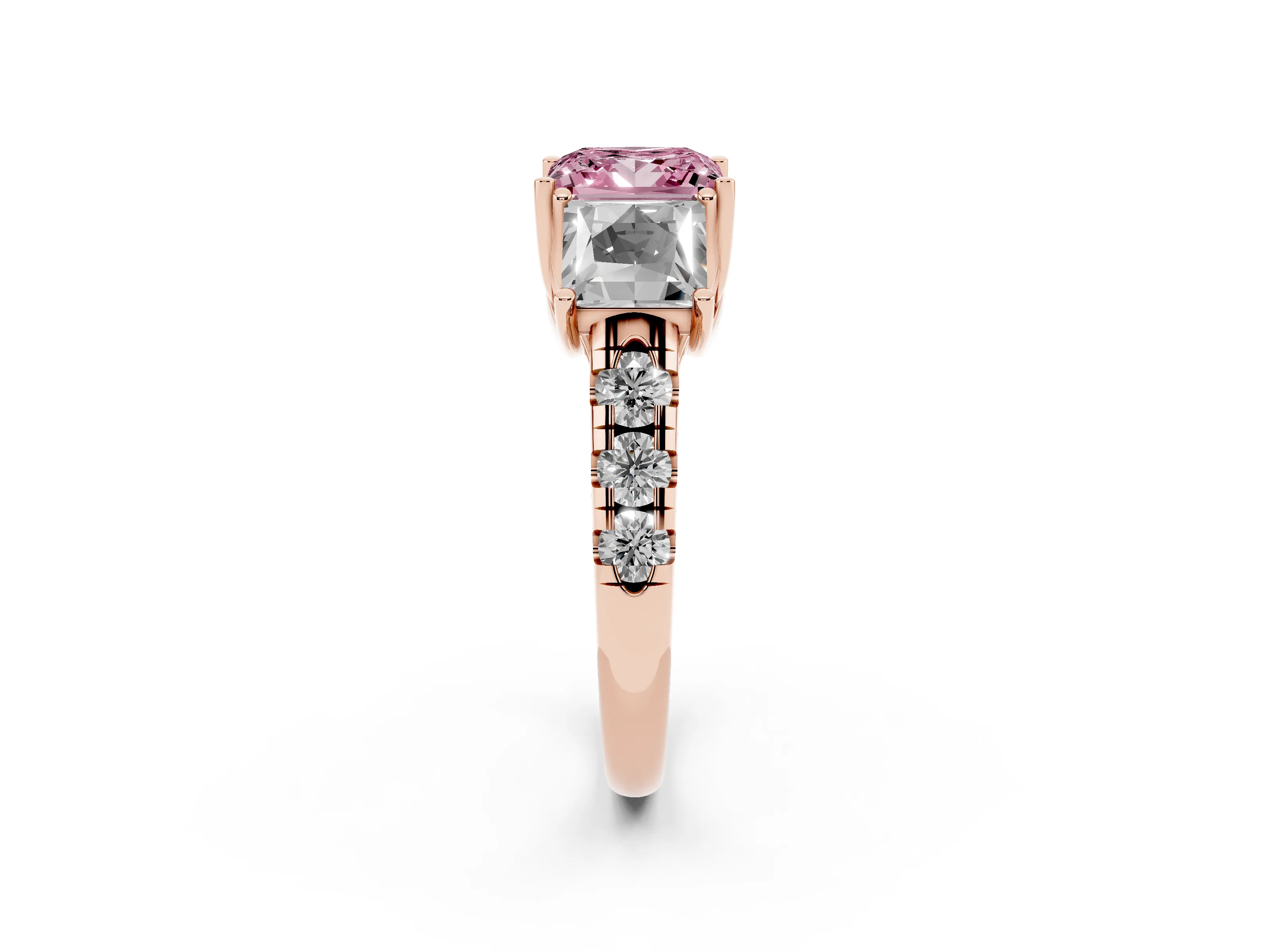 Fancy Pink Princess Cut Diamond Three-Stone Ring Set in Rose gold with Pavé Band