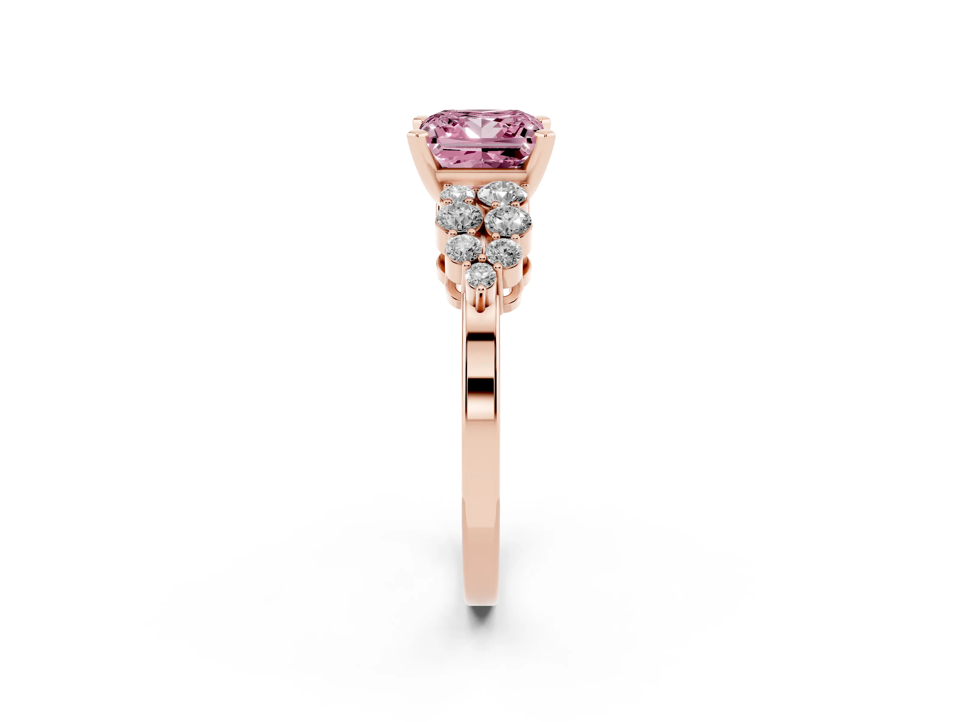 Fancy Pink Princess Cut Diamond Cluster Engagement Ring Set in Rose gold with Pavé Band and Prong Setting