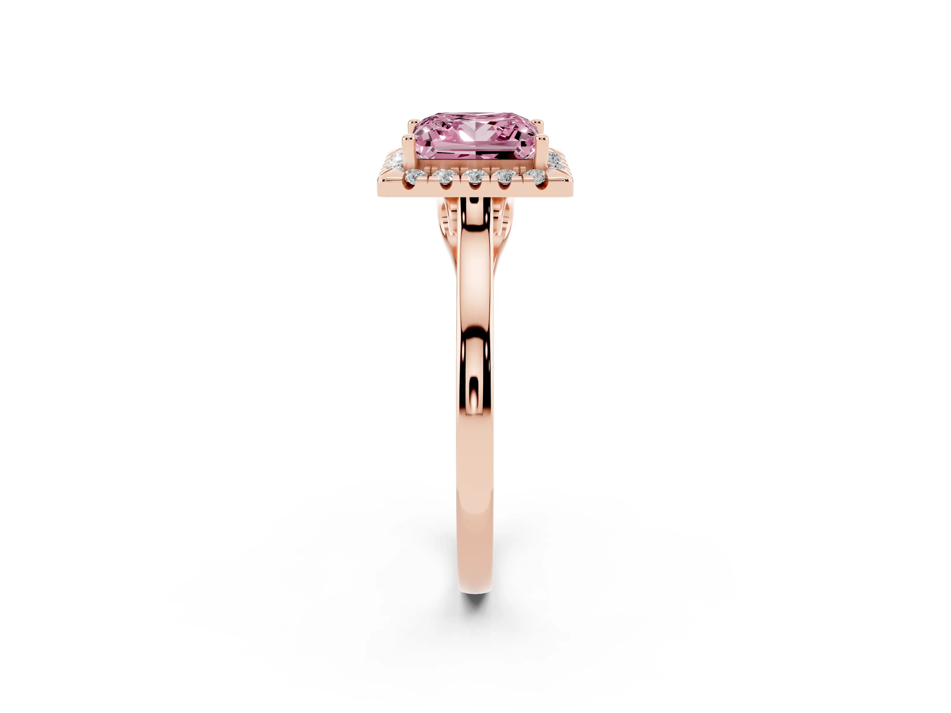 Fancy Pink Princess Cut Halo Round Diamond Solitaire Ring Set in Rose gold with Pavé Band and Prong Setting