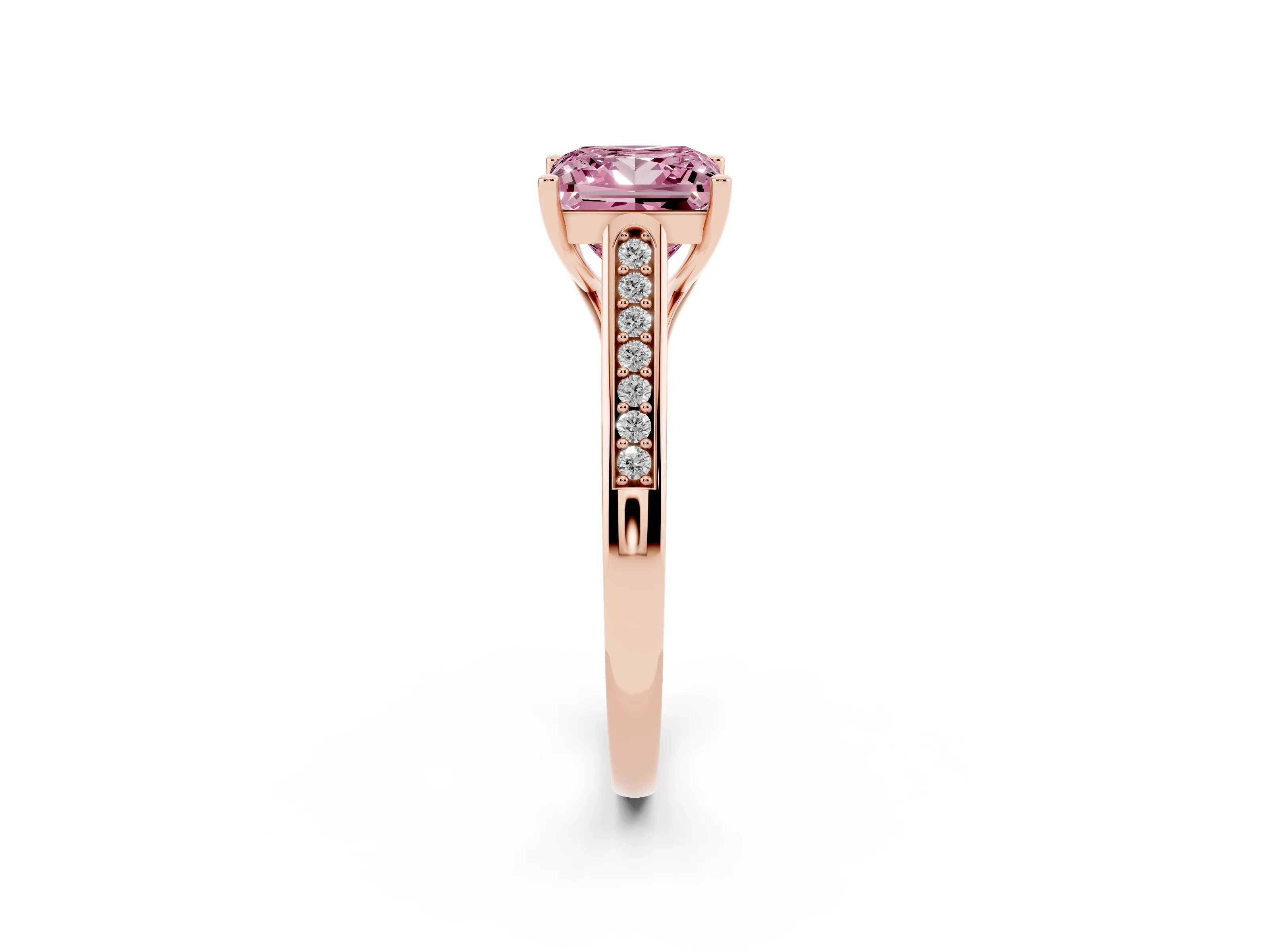 Fancy Pink Princess Cut Diamond Solitaire Cathedral Engagement Ring Set in Rose gold with Channel-Set Band and Prong Setting