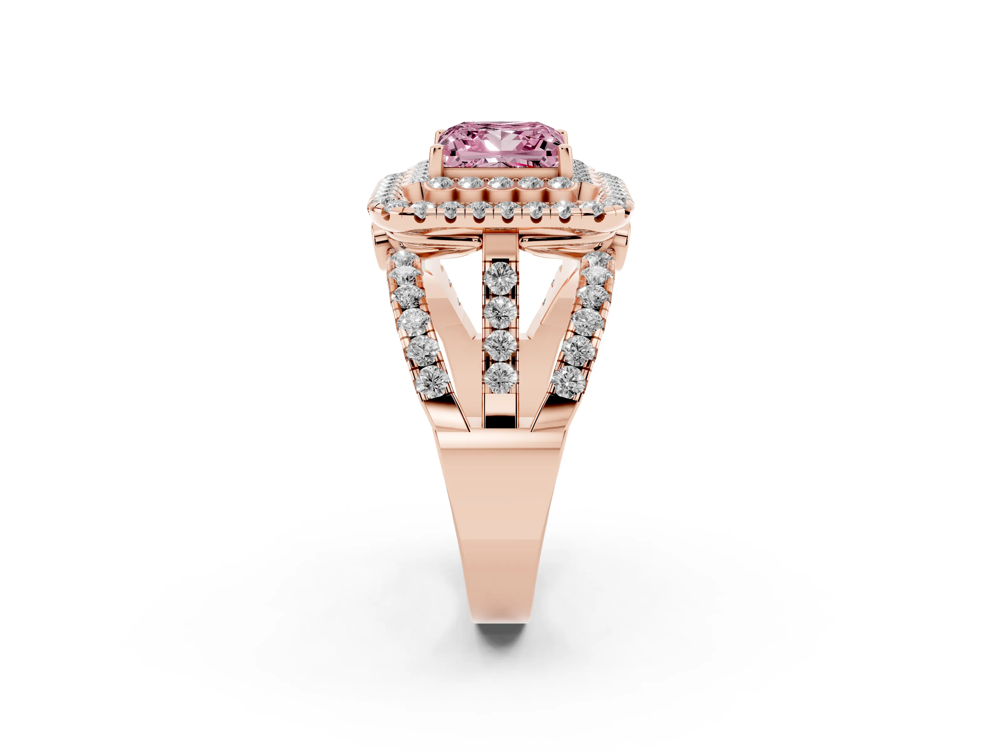 Fancy Pink Princess Cut Diamond Double Halo Ring Set in Rose gold with Round Pavé Split Shank