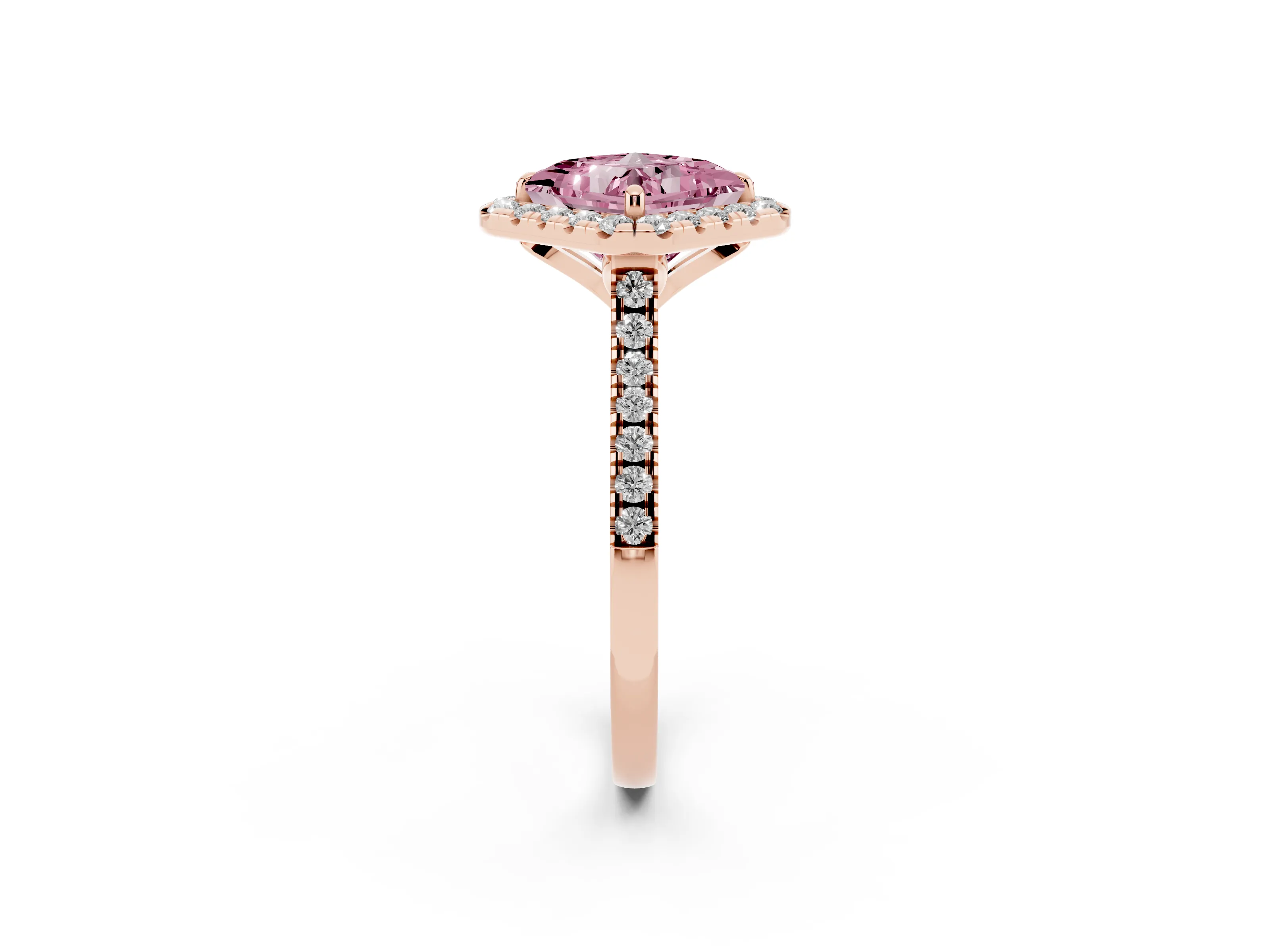 Fancy Pink Princess Cut Diamond Cushion Halo Ring Set in Rose gold with Pavé Band