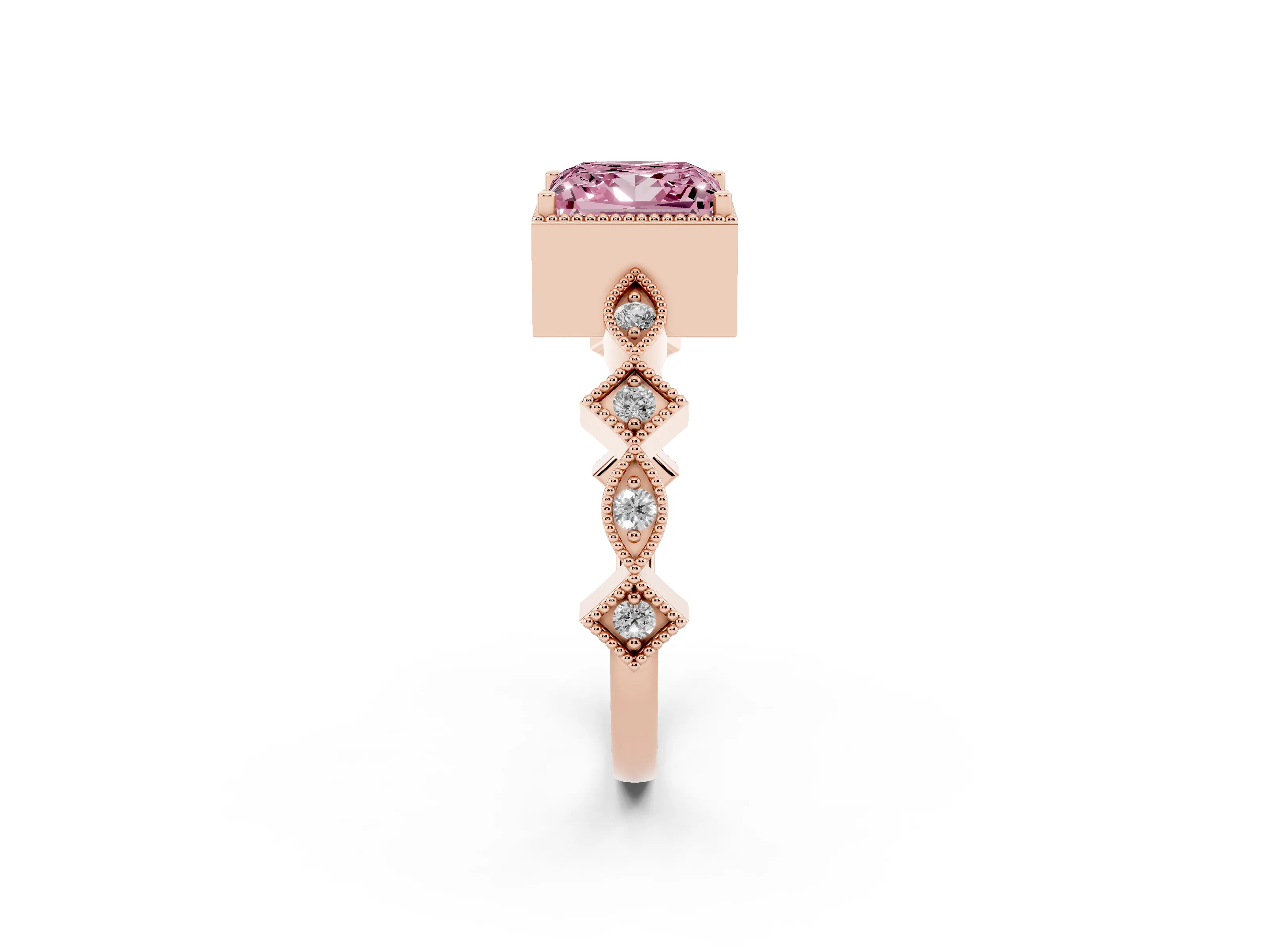 Fancy Pink Princess Cut Diamond Milgrain Marquise Twist Band Ring Set in Rose gold with Prong Setting