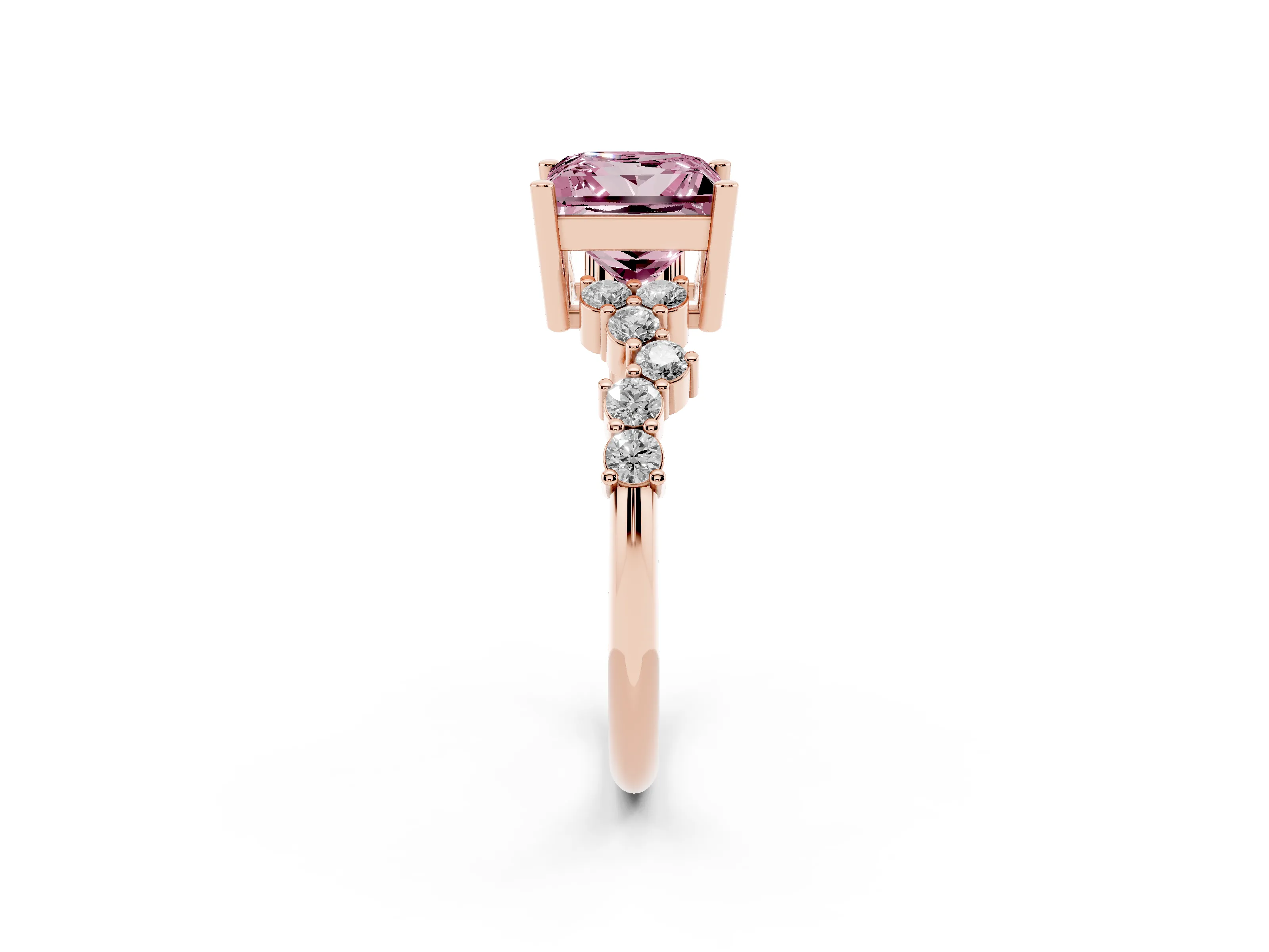 Fancy Pink Princess Cut Diamond Ring Set in Rose gold with Scattered Round Accents