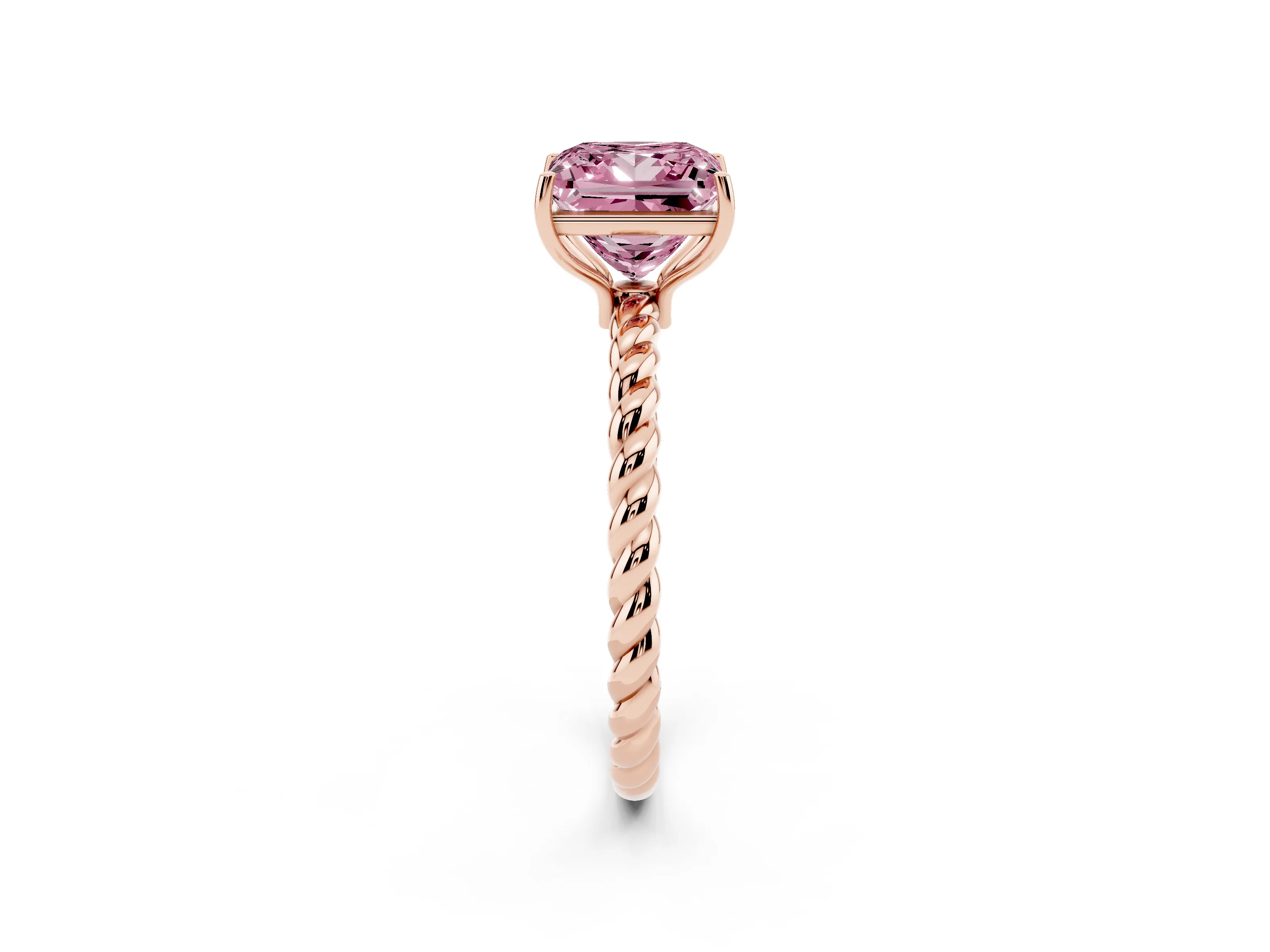 Fancy Pink Princess Cut Diamond Solitaire Ring Set in Rose gold with Twist Band and Prong Setting