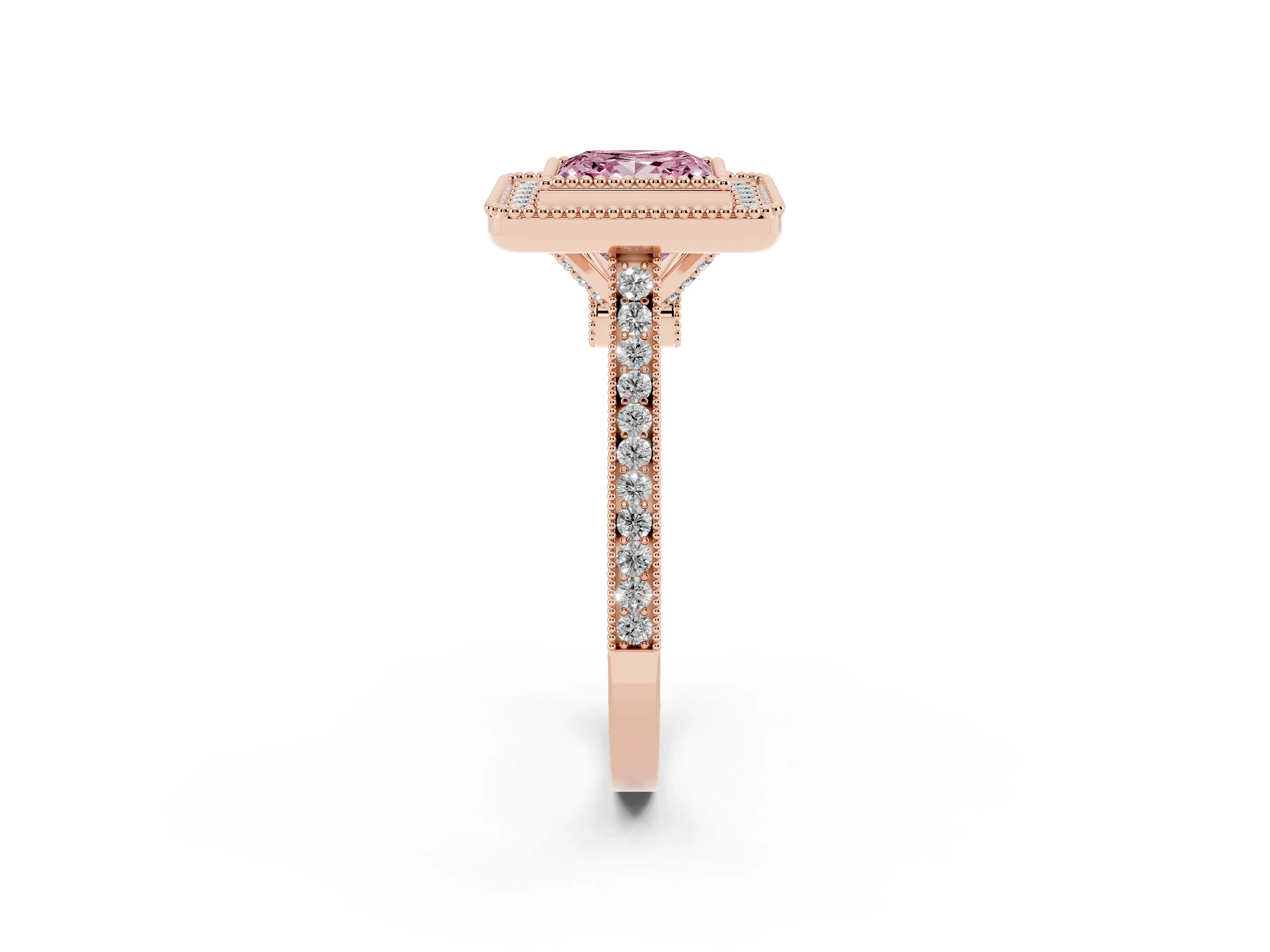 Fancy Pink Princess Cut Diamond Halo Ring Set in Rose gold with Milgrain Frame and Pavé Band