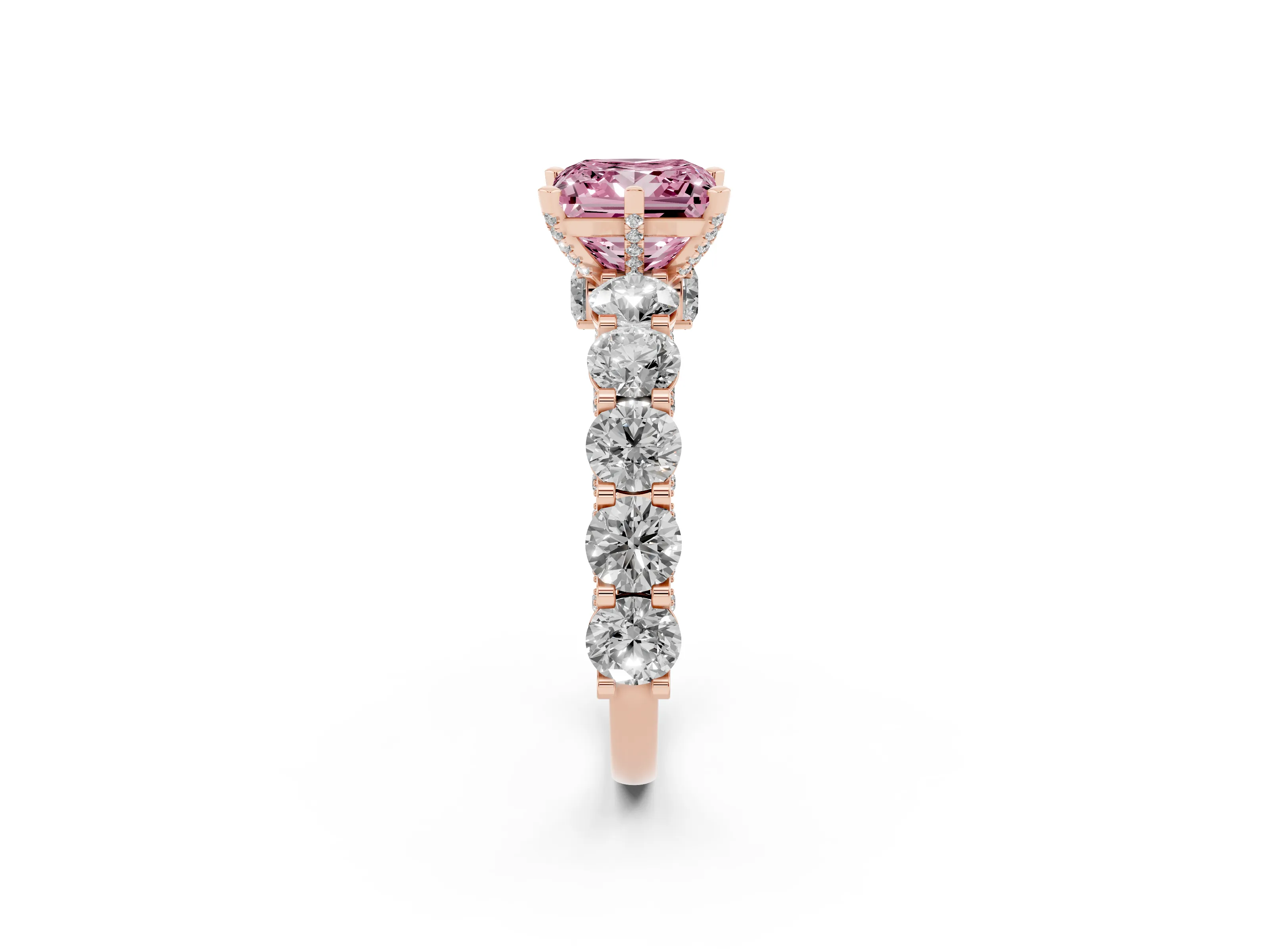 Fancy Pink Princess Cut Diamond Side Stone Ring Set in Rose gold with Alternating Round and Oval Side Stones
