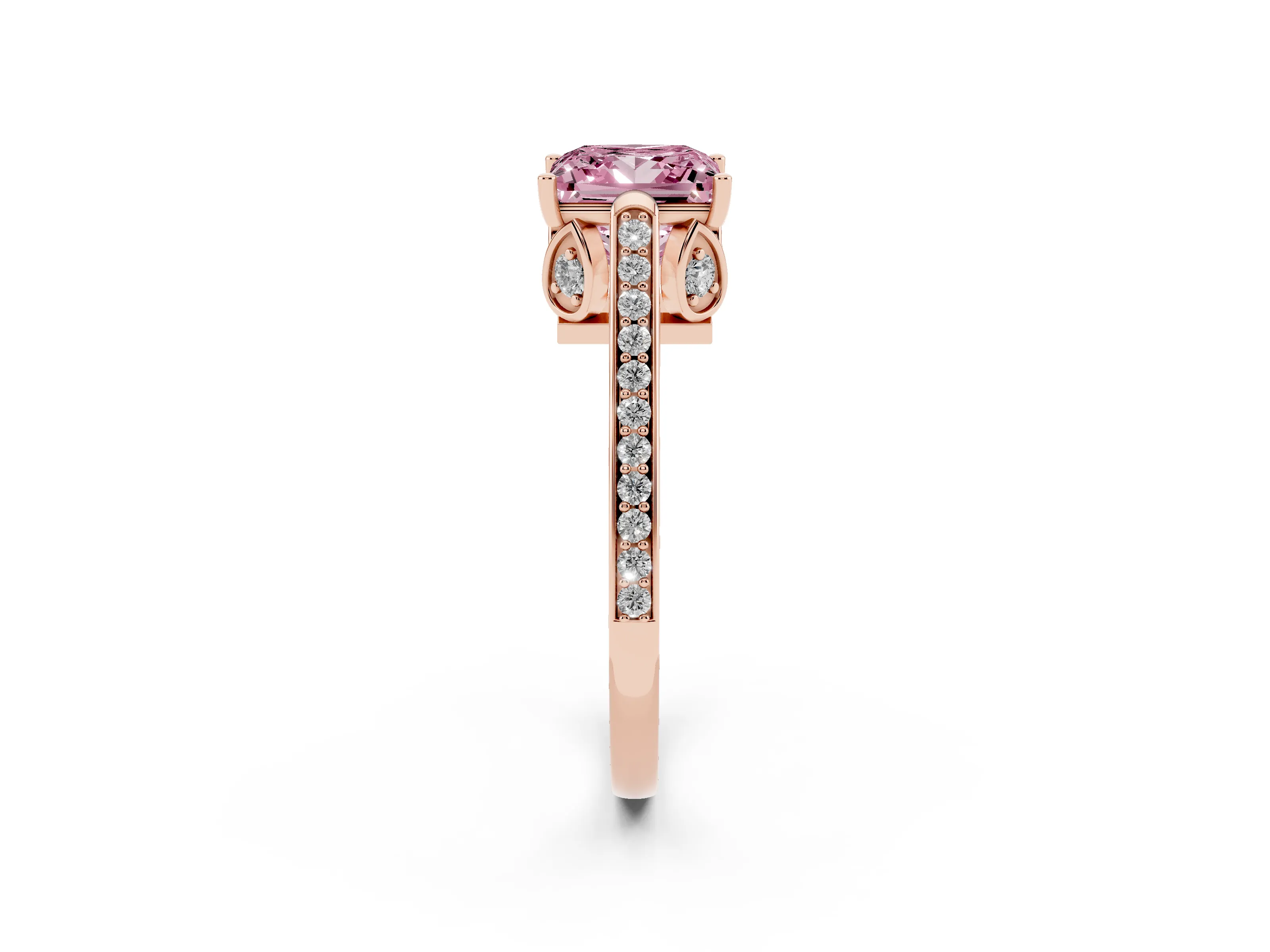 Fancy Pink Princess Cut Diamond Cathedral Pavé Engagement Ring Set in Rose gold with Prong Setting