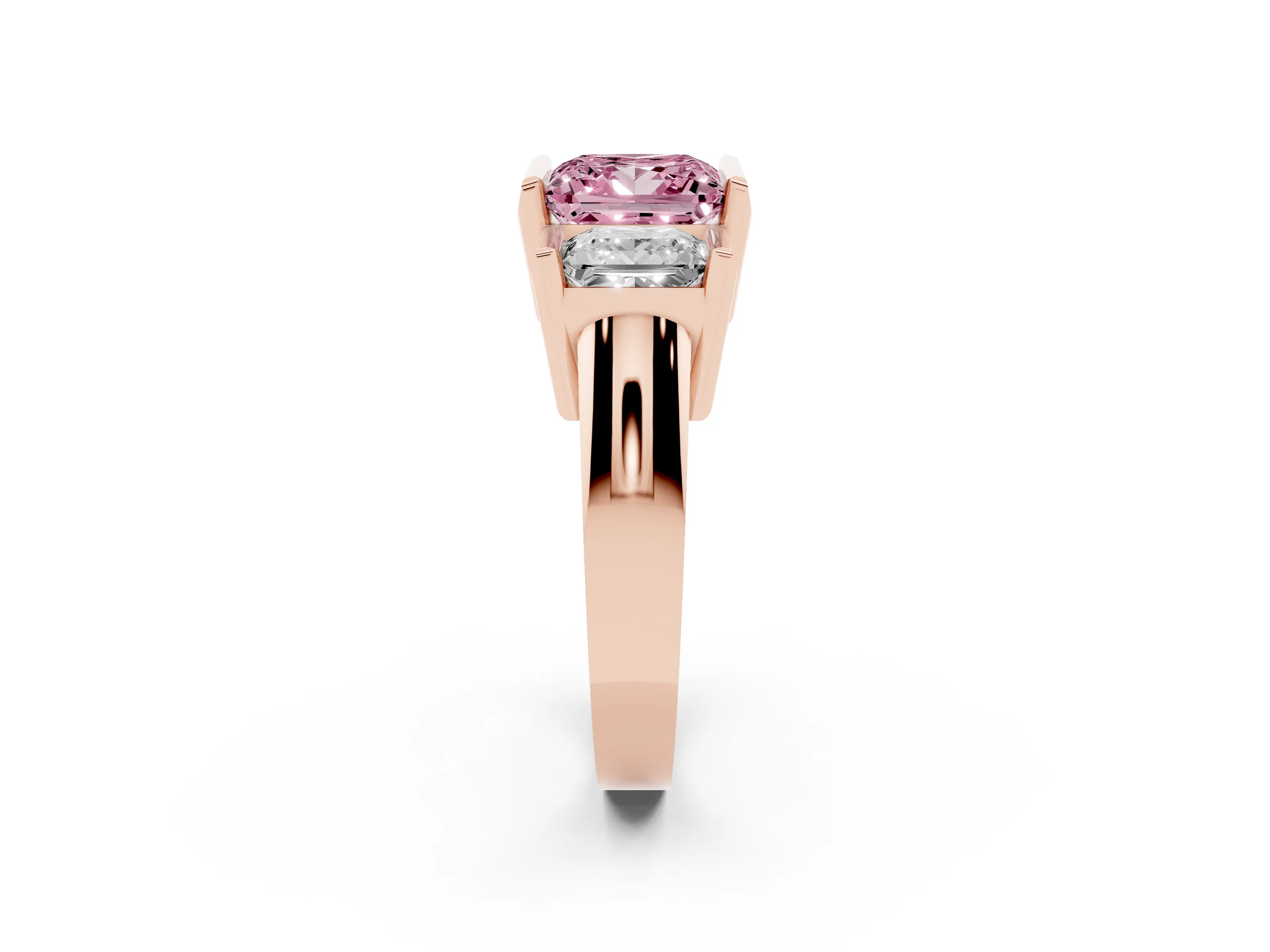 Fancy Pink Princess Cut Diamond Three-Stone Channel Set Ring Set in Rose gold with Smooth Polished Band