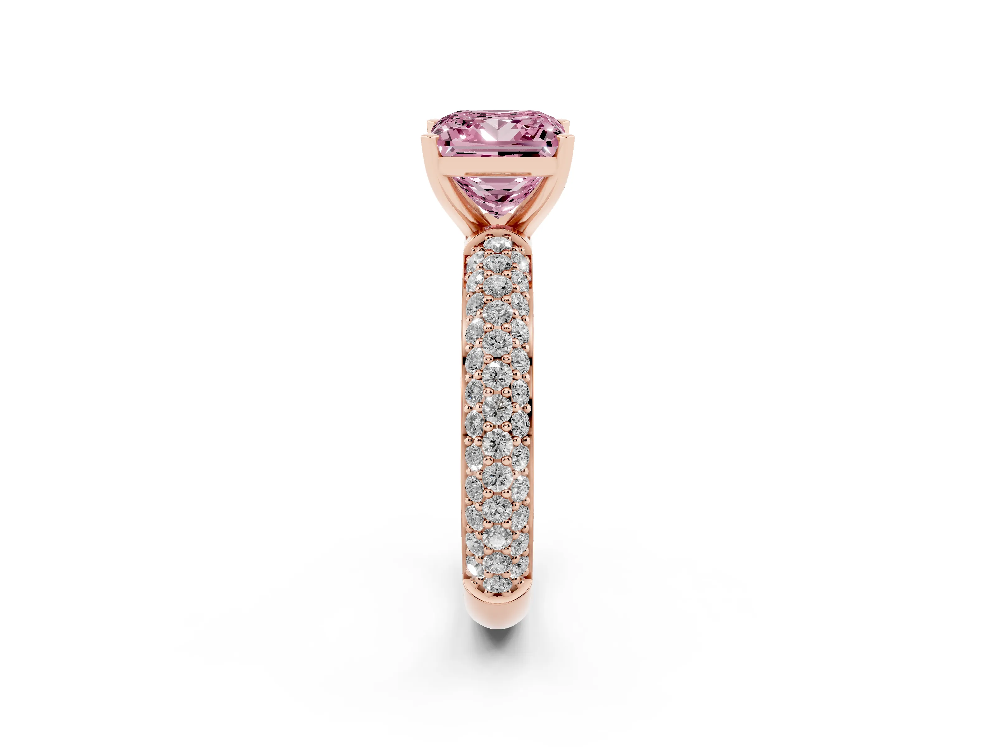 Fancy Pink Princess Cut Diamond Solitaire Ring Set in Rose gold with Prong Setting and Pavé-Set Band