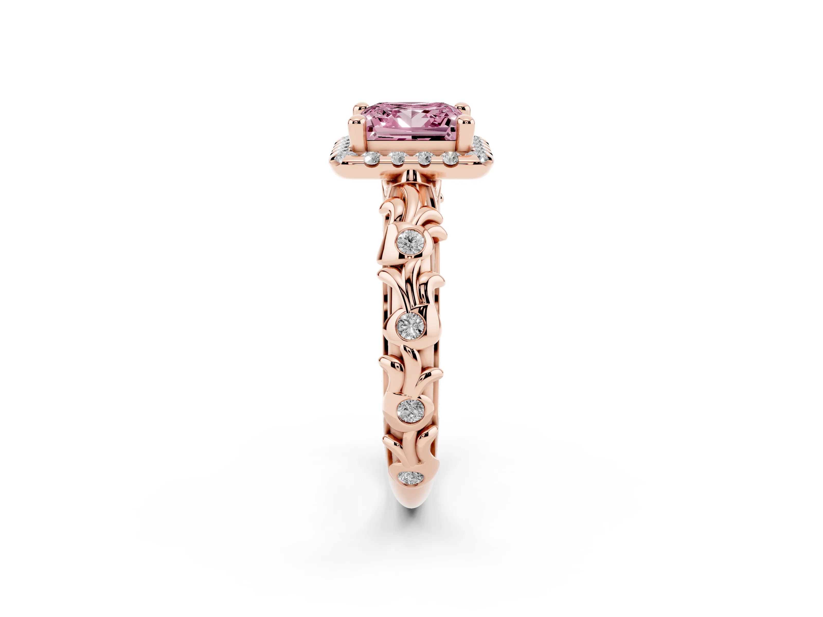 Fancy Pink Princess Cut Diamond Halo Ring Set in Rose gold with Filigree Leaf Band and Prong Setting