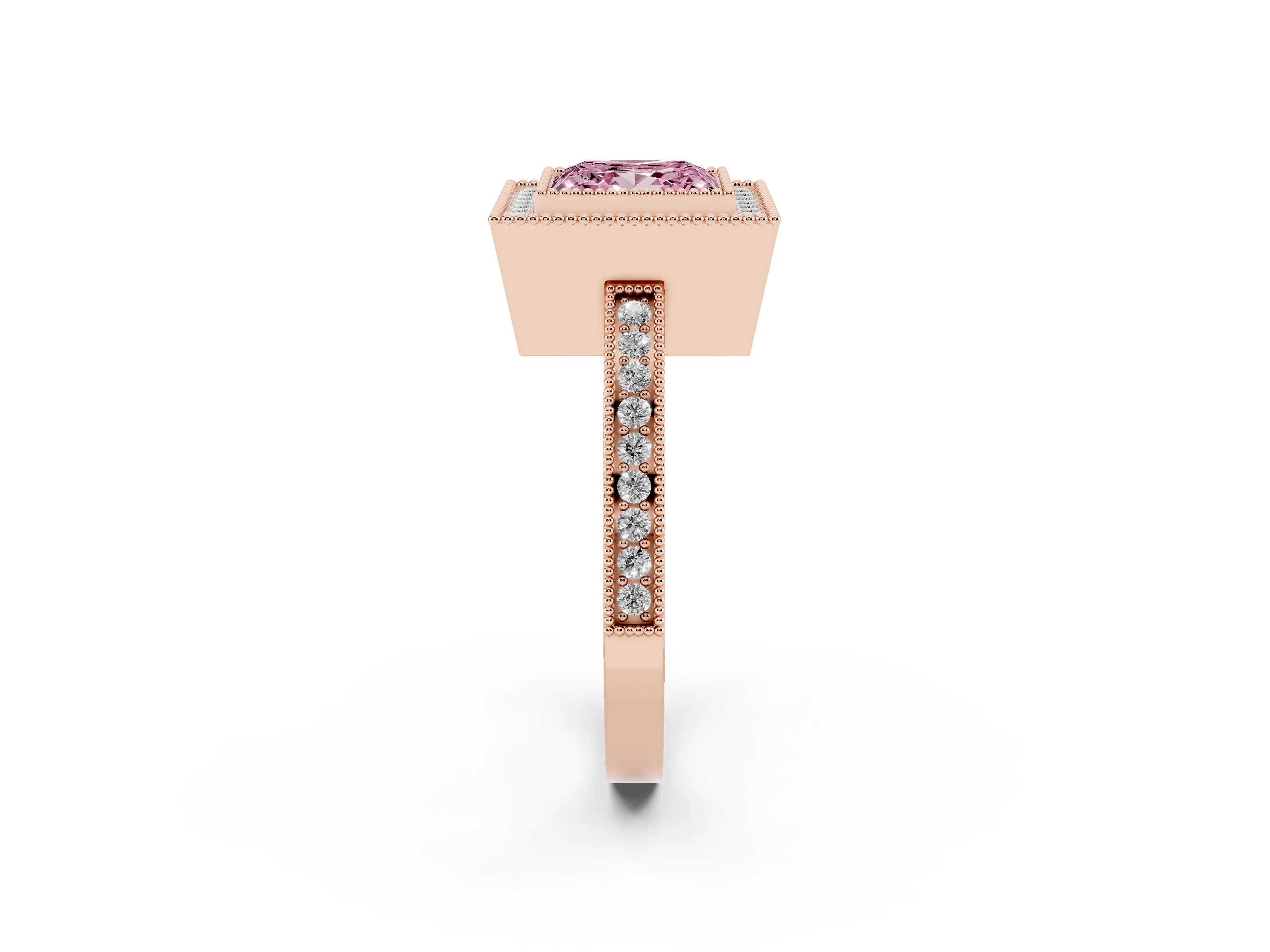 Fancy Pink Princess Cut Diamond Halo Ring Set in Rose gold with Pavé Band and Milgrain-Edged Prongs