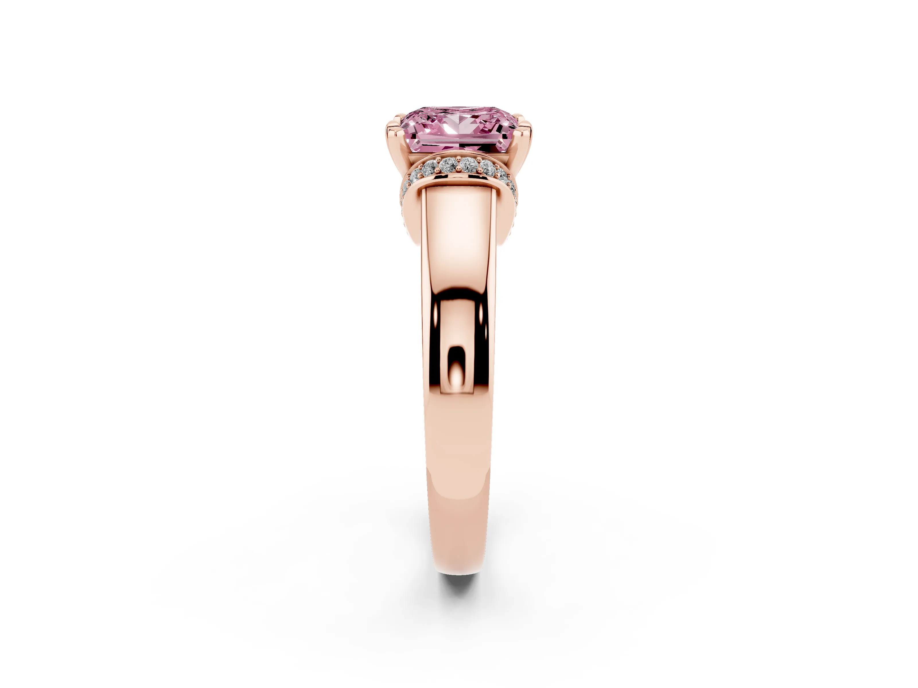 Fancy Pink Princess Cut Diamond Pavé Band Solitaire Ring Set in Rose gold with Prong Setting