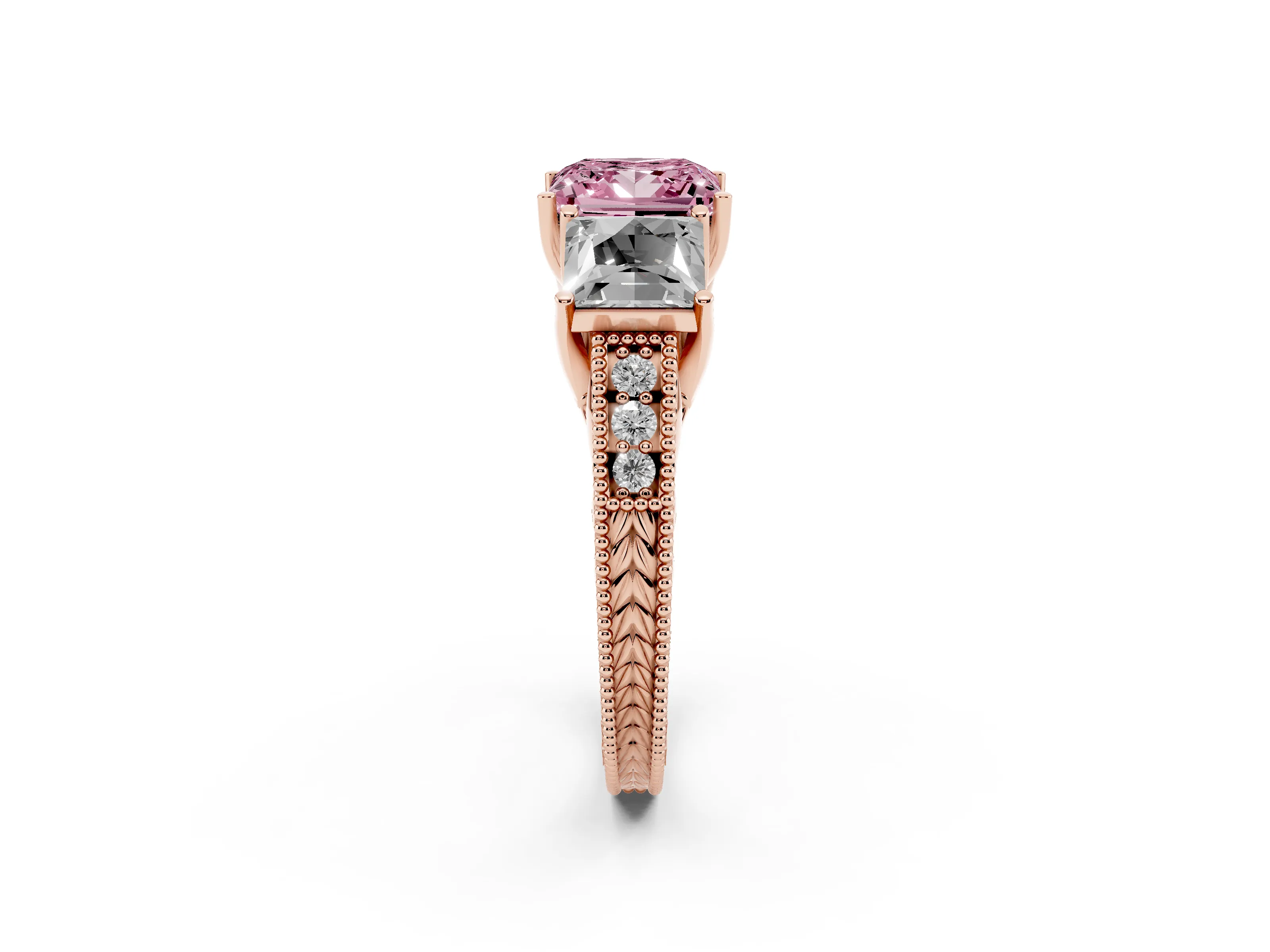 Fancy Pink Princess Cut Diamond Three-Stone Engagement Ring Set in Rose gold with Milgrain Pavé Band