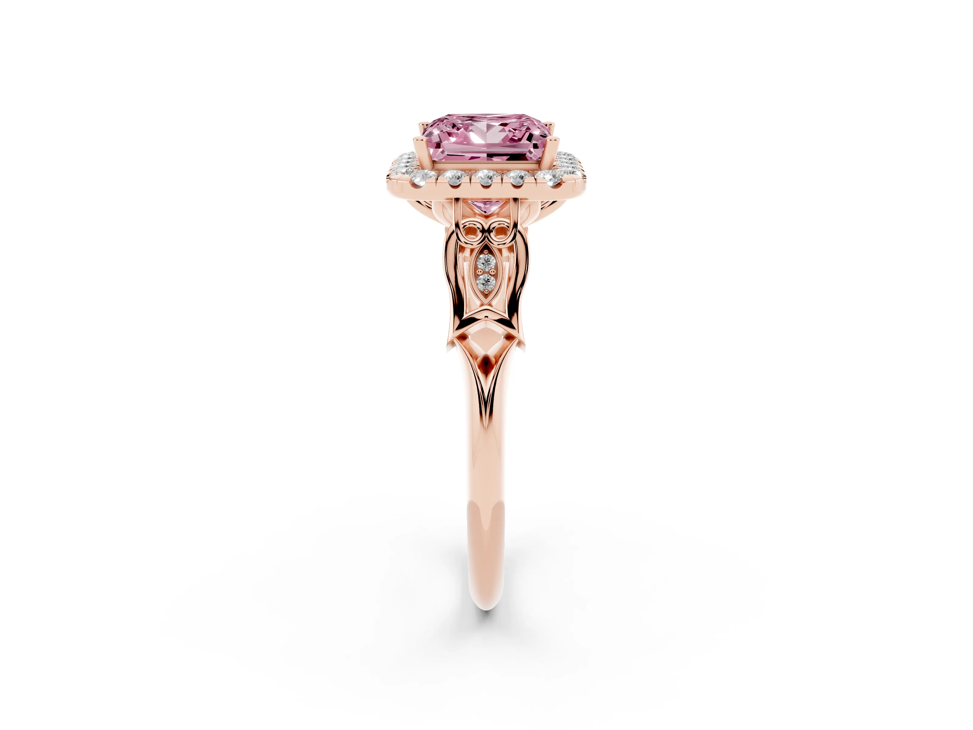 Fancy Pink Princess Cut Diamond Halo Engagement Ring Set in Rose gold with Filigree Band and Prong-Set Center