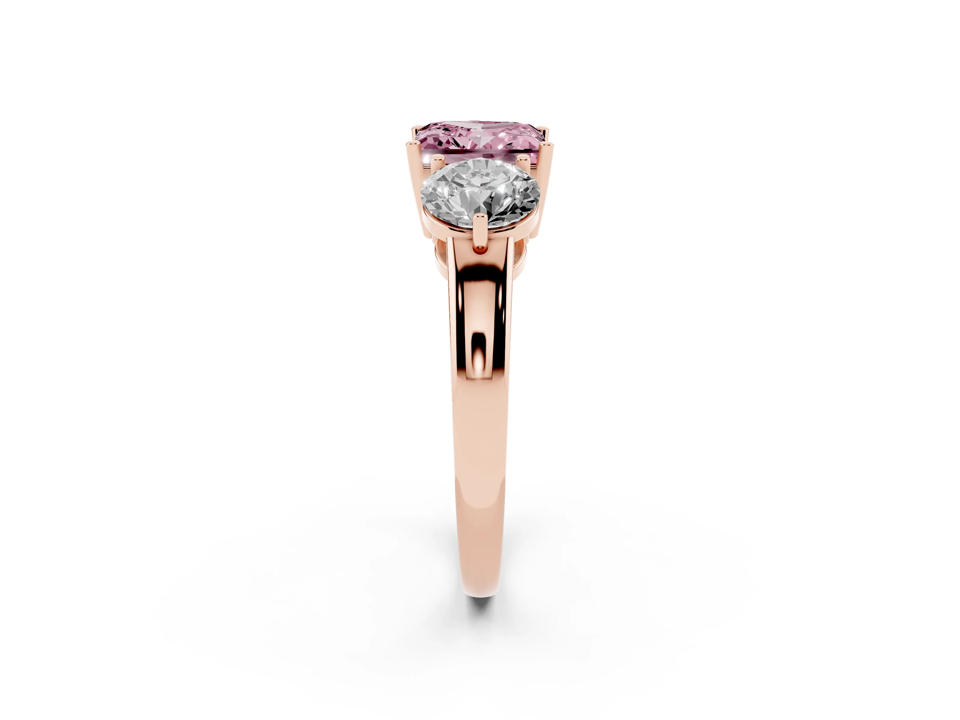 Fancy Pink Princess Cut Diamond Three-Stone Ring Set in Rose gold with Prong Setting and Plain Band
