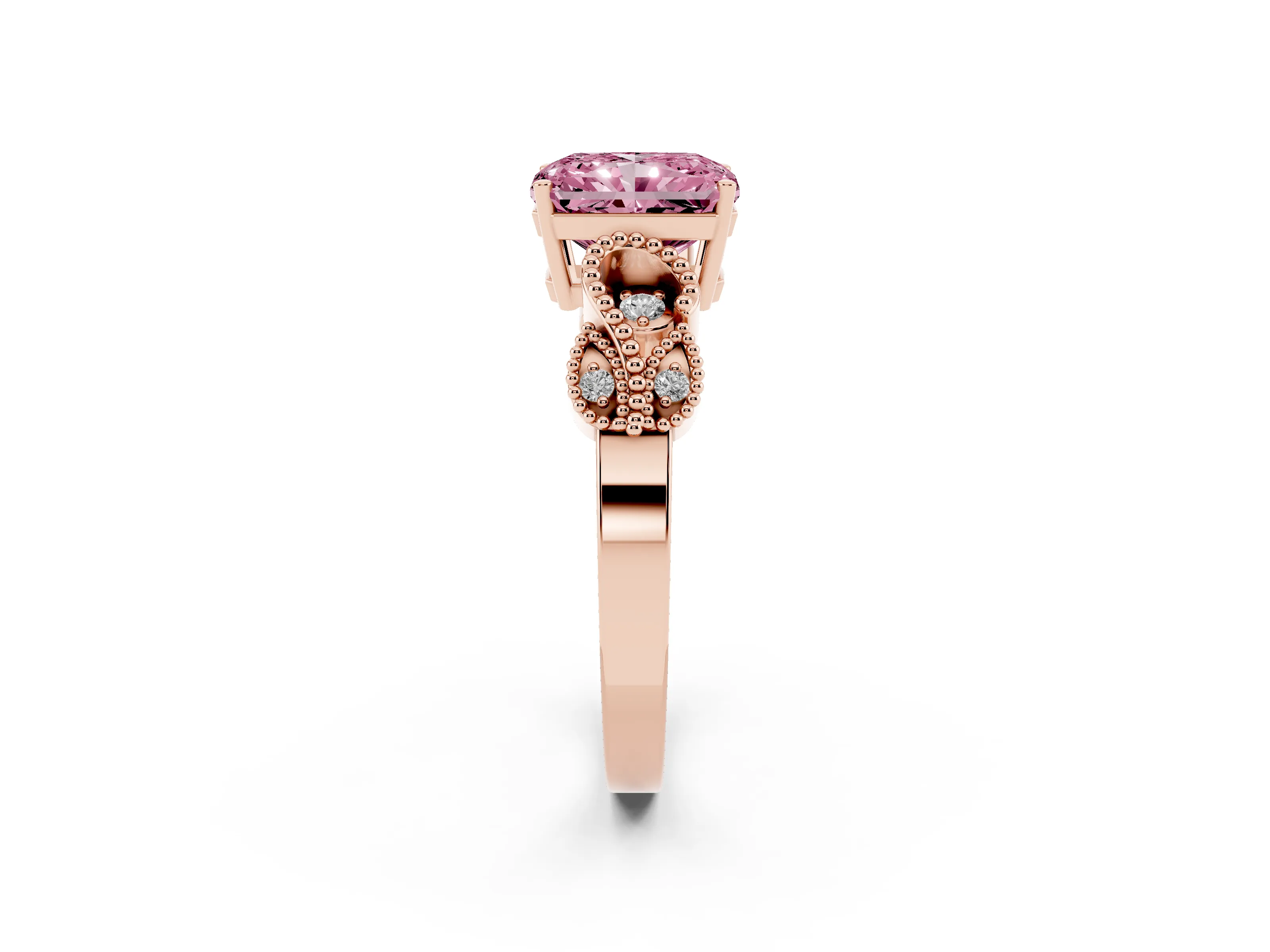 Fancy Pink Princess Cut Diamond Milgrain Leaf Band Solitaire Ring Set in Rose gold with Accent Stones and Prong Setting