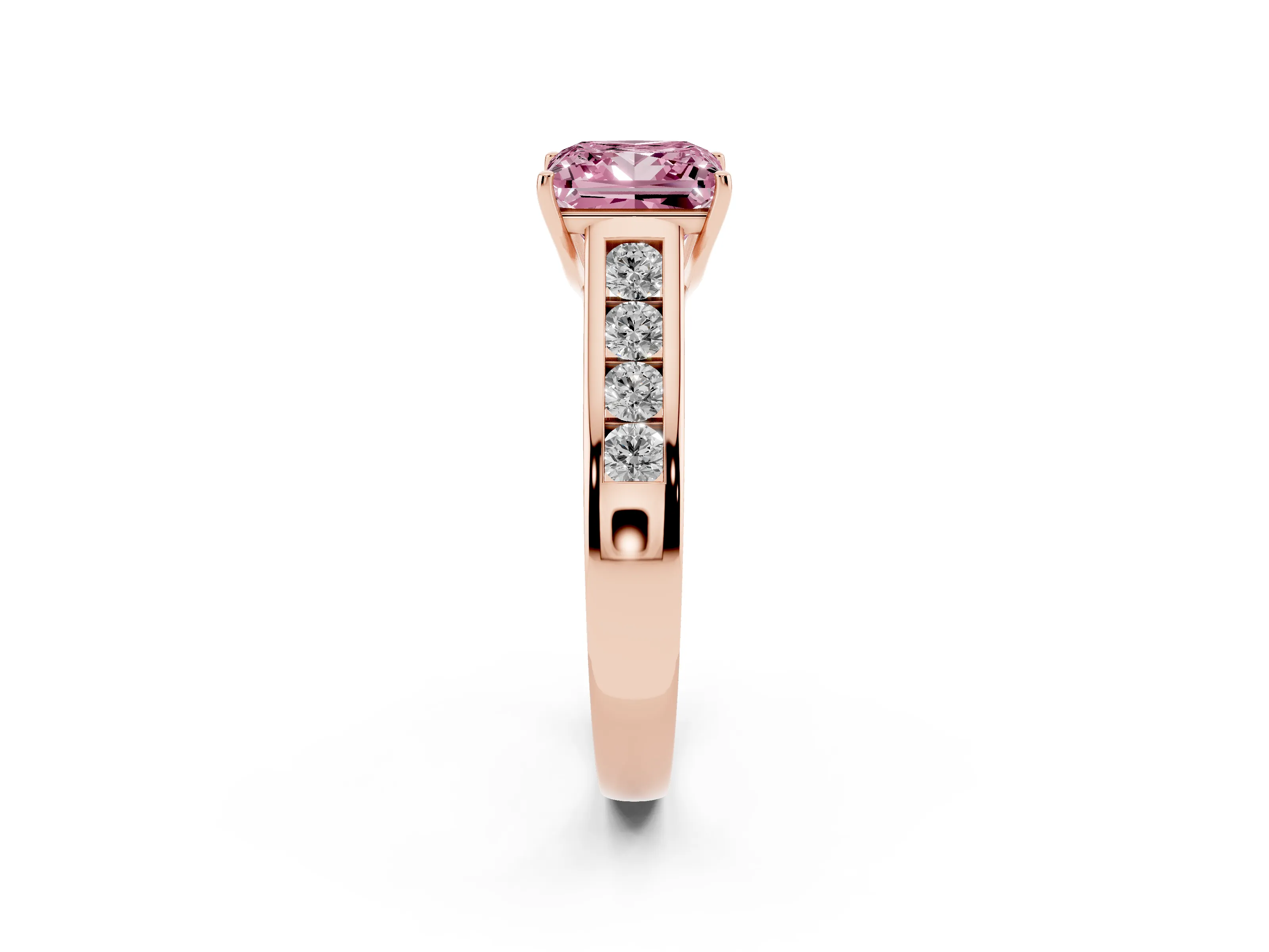 Fancy Pink Princess Cut Diamond Solitaire Channel-Set Engagement Ring Set in Rose gold with Prong Setting
