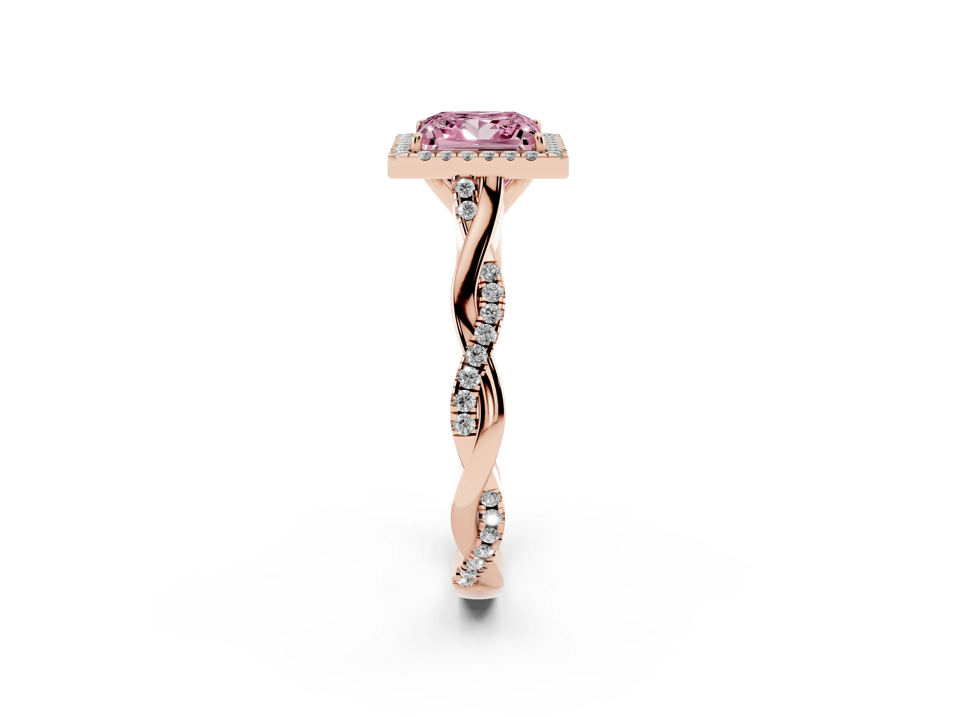 Fancy Pink Princess Cut Diamond Halo Twist Band Solitaire Ring Set in Rose gold with Prong Setting