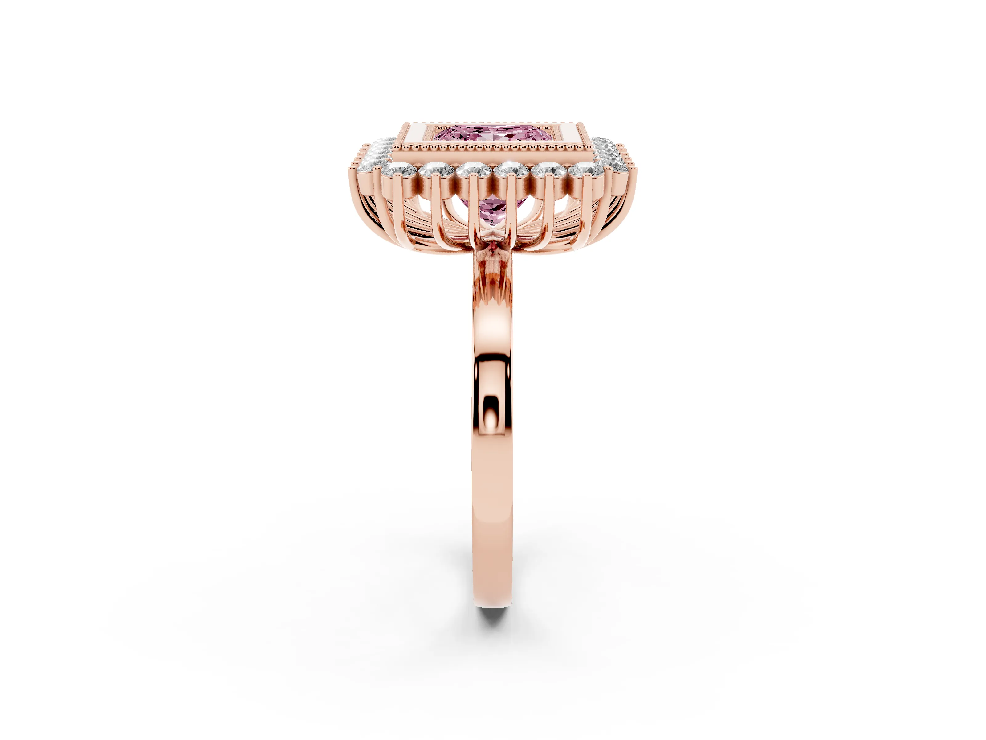 Fancy Pink Princess Cut Diamond Halo Ring Set in Rose gold with Milgrain Edge and Round Prong Setting