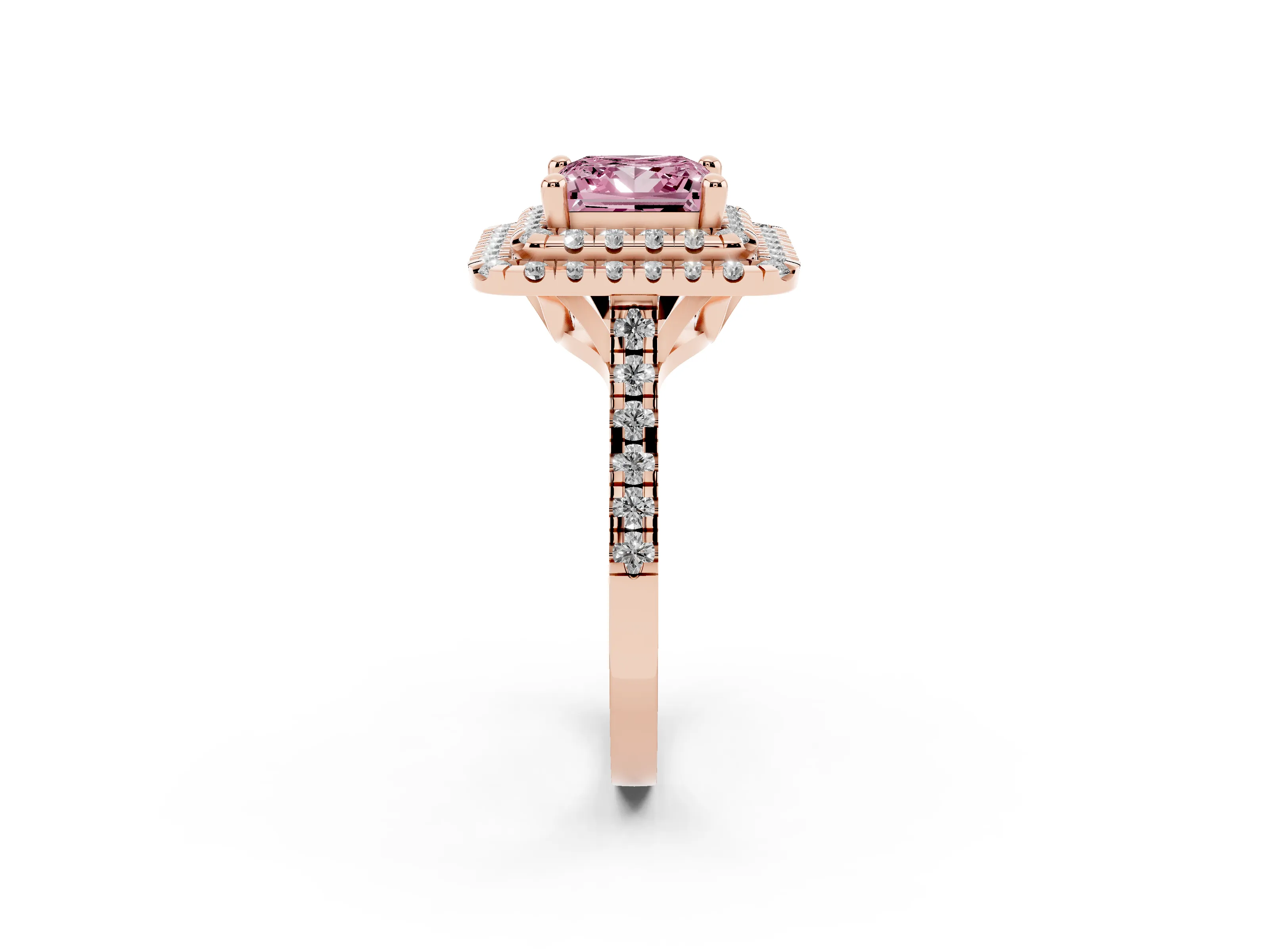Fancy Pink Princess Cut Diamond Double Halo Statement Ring Set in Rose gold with Pavé Band