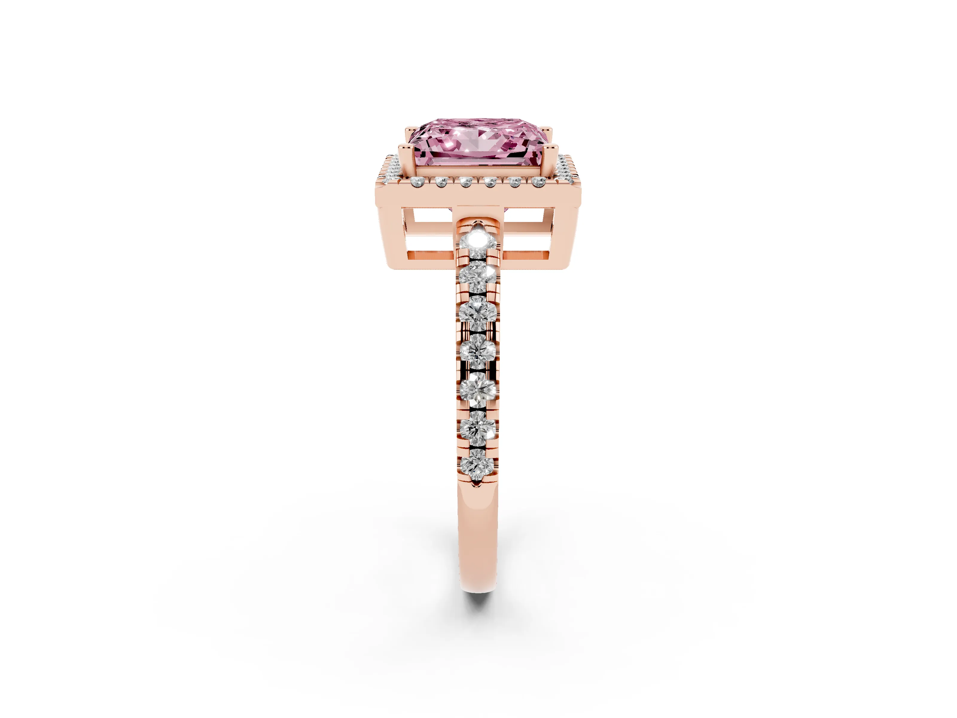 Fancy Pink Princess Cut Diamond Halo Ring Set in Rose gold with Delicate Pavé Band and Prong Setting